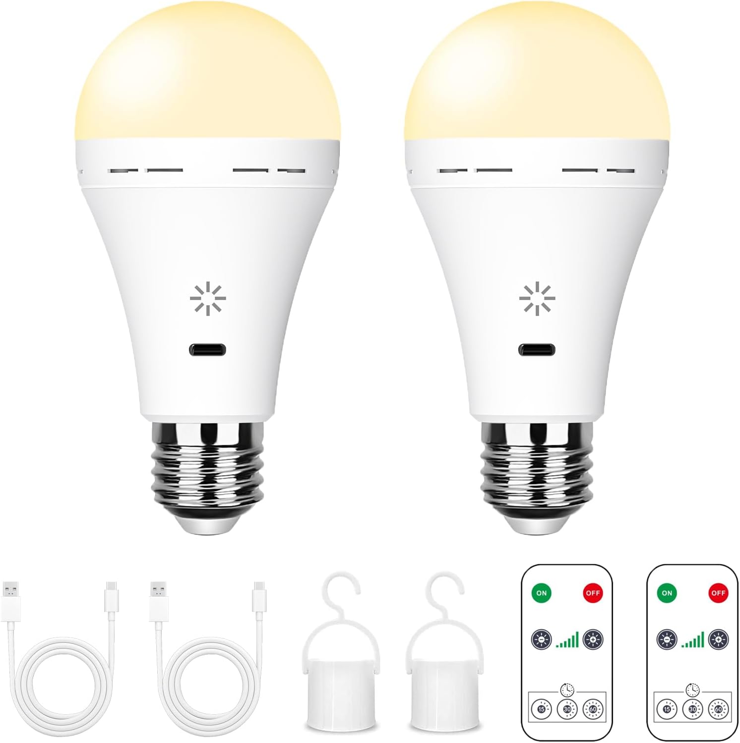 Zestaw 2 żarówek LED wielokrotnego ładowania z pilotem, 7 W, E27, ściemnialne, sterowanie dotykowe, ciepłe białe światło