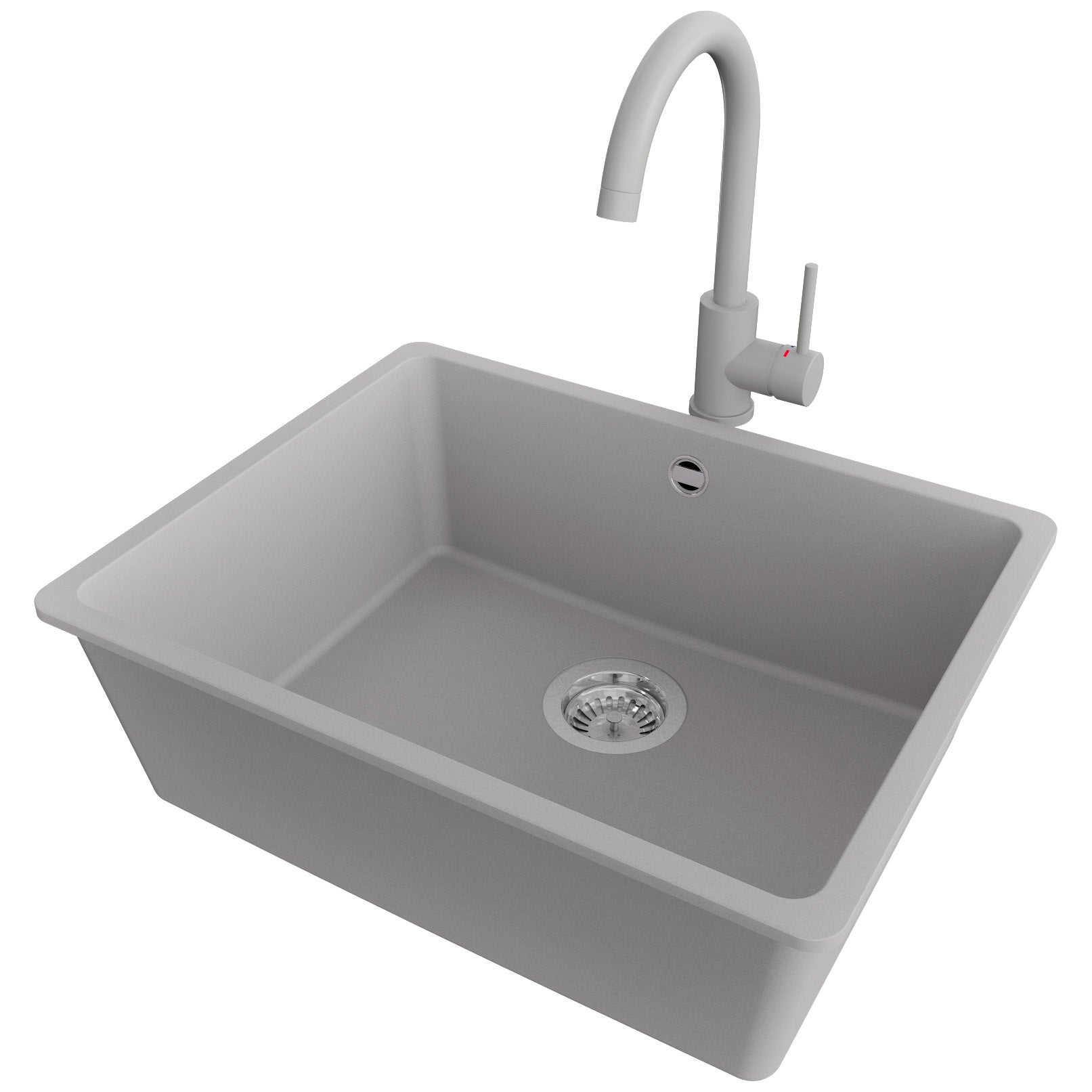 Zlewozmywak Granitowy Szary 56x44cm, Zlew Kuchenny 1 Komorowy + Bateria 32x20cm + Syfon, Nablatowy do szafki od 60cm - Wenecja Slim Easy PRIMAGRAN