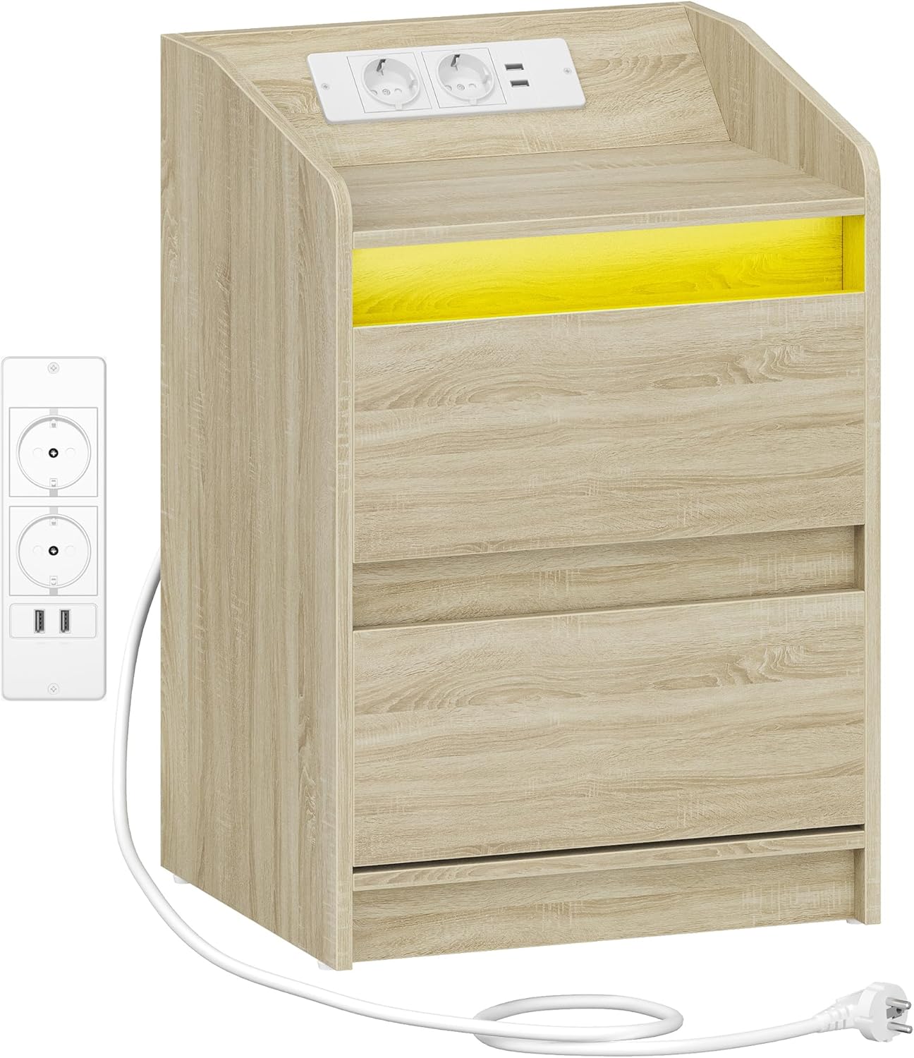 Stolik Nocny z oświetleniem LED, ze stacją ładującą i 2 szufladami, z portami USB i gniazdami zasilania, Stolika Nocnego do salonu i sypialni Dębu