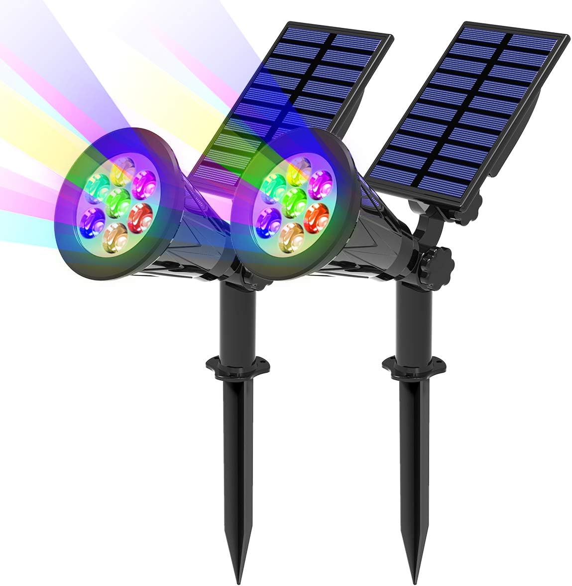 Zestaw 2 lamp solarnych LED z 7 zmieniającymi się kolorami, wodoodporne IP67, reflektor regulowany w zakresie 180° do ogrodu i ścieżki zewnętrznej