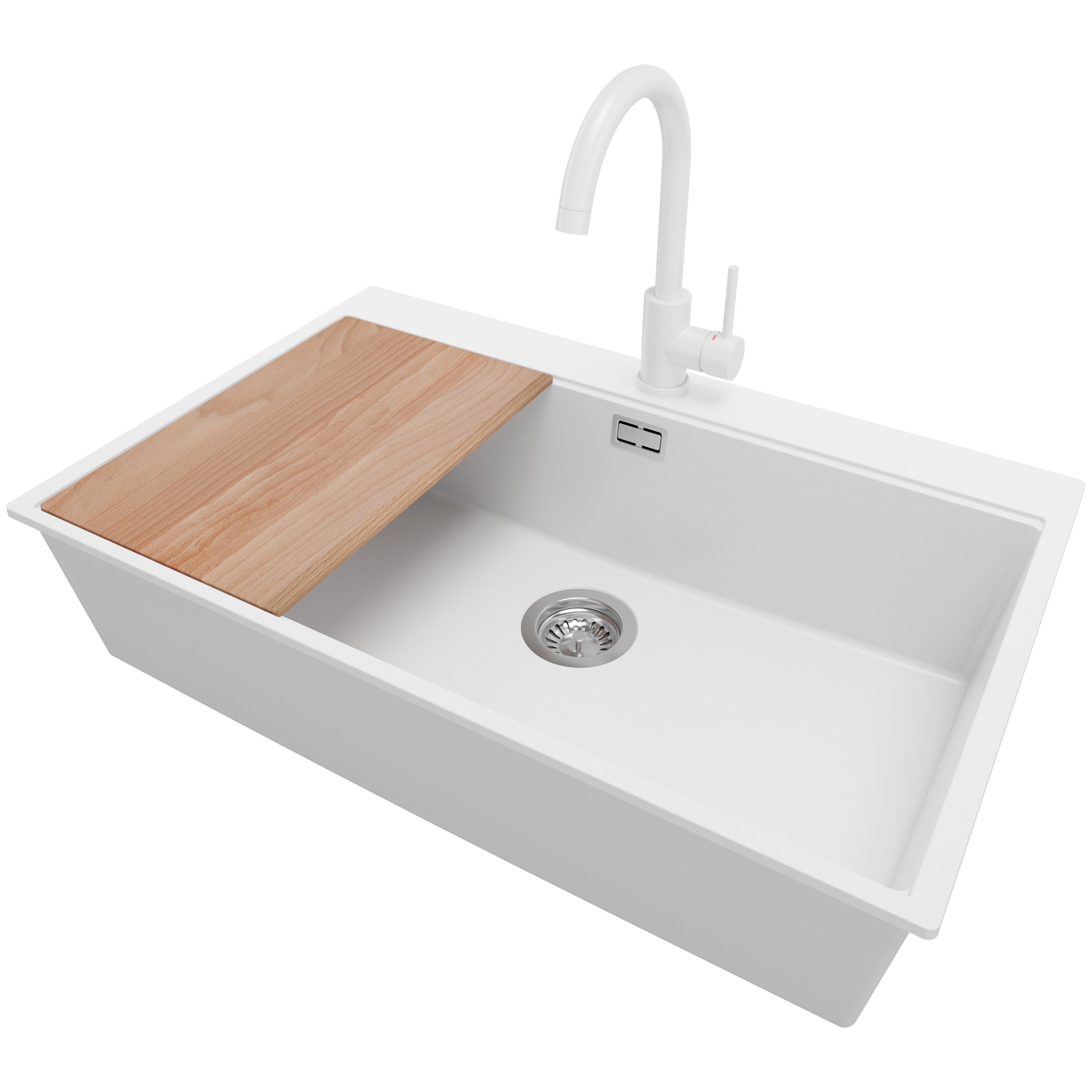 Zlewozmywak Granitowy Biały 78x50cm, Zlew Kuchenny 1 Komorowy + Bateria 32x20cm + Syfon + Deska, Nablatowy do szafki od 80cm - Oslo PRIMAGRAN