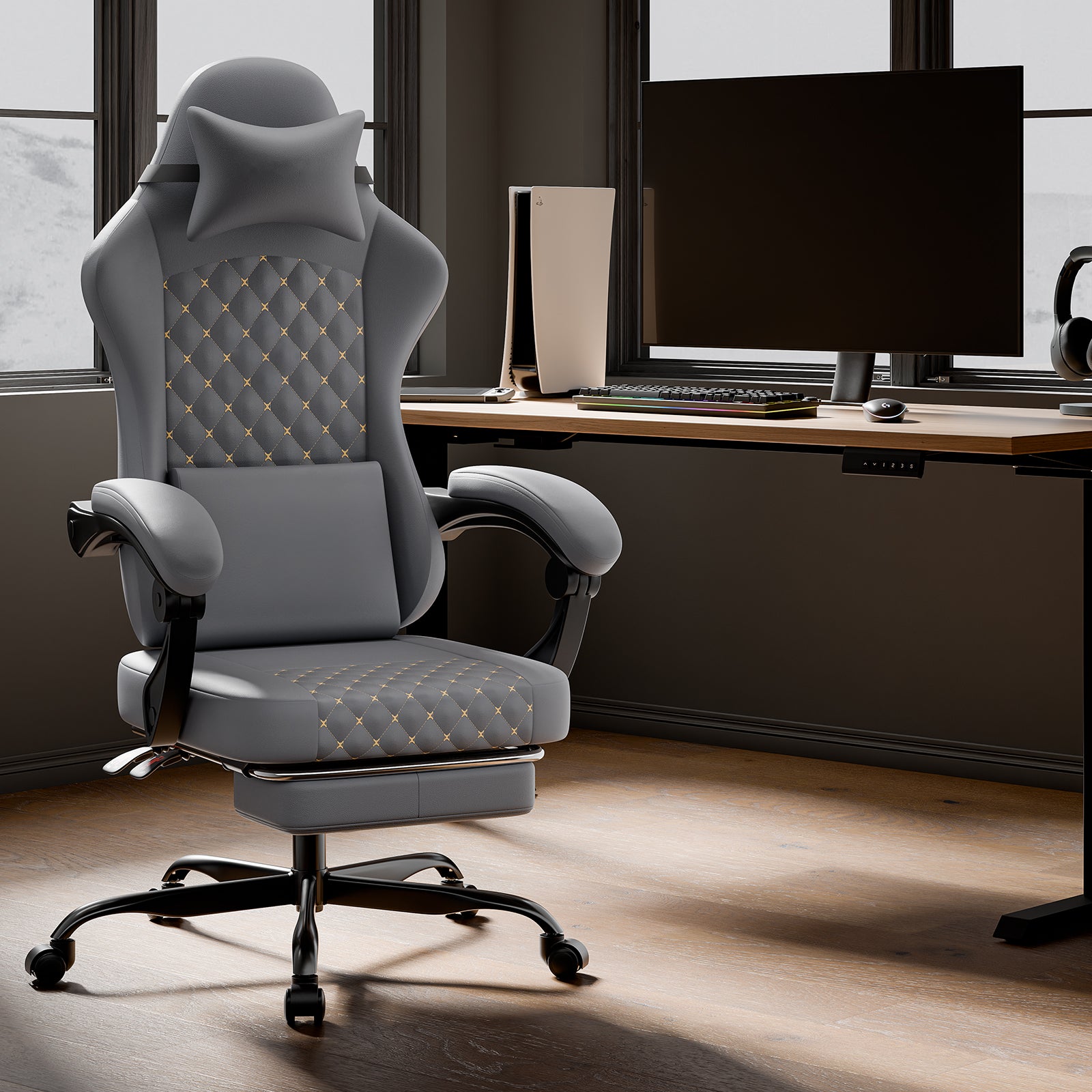 Fotel gamingowy skórzany szary, ergonomiczny fotel PC z podnóżkiem, odchylane oparcie i udźwig 150 kg do biura i gry