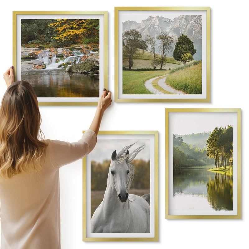 Galeria ścienna 4-częściowy komplet obrazów w złotych ramach - Białe konie nad rzeką krajobraz natury - ArtPrintCave
