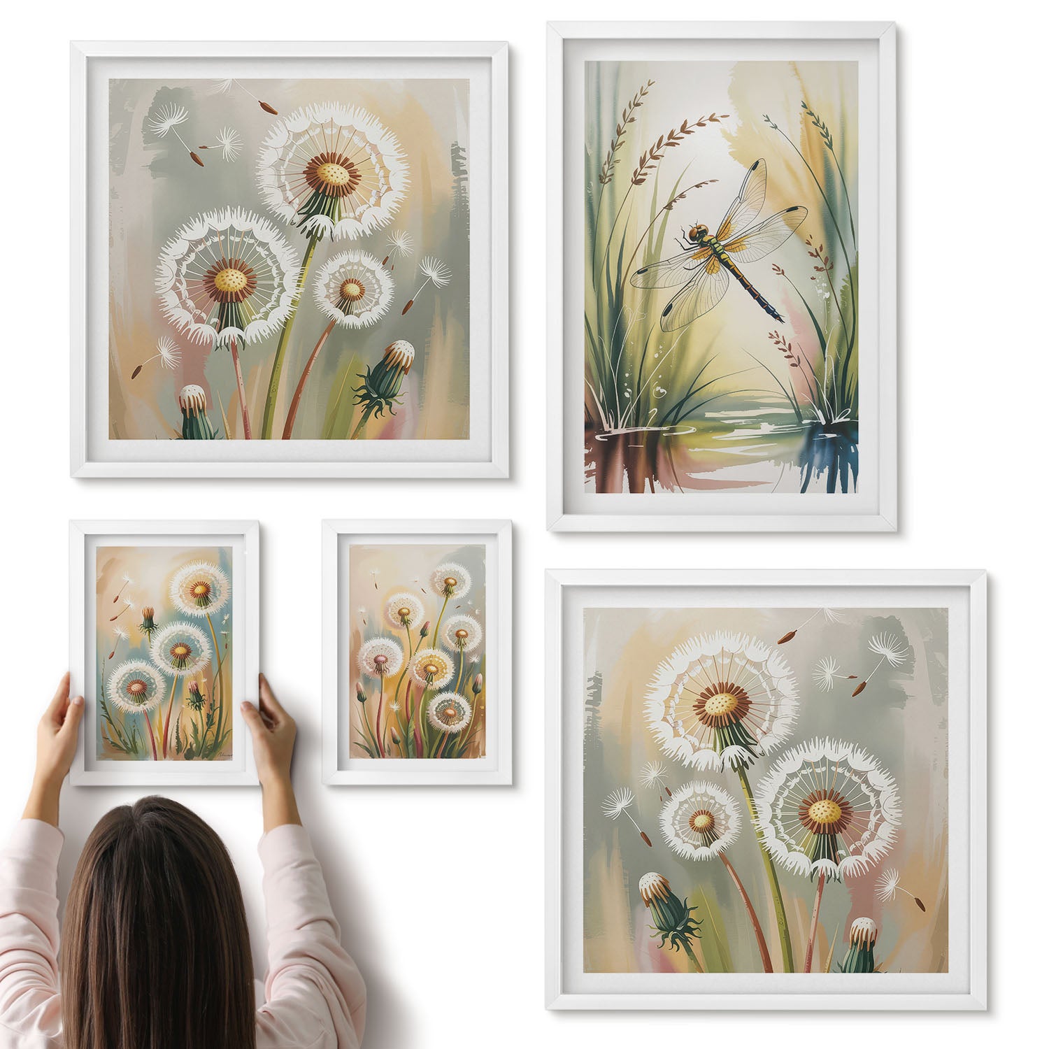 Galeria ścienna 5-częściowy komplet obrazów w białych ramach - Kwiatowe motywy z ważkami w delikatnym stylu naturalnym - ArtPrintCave