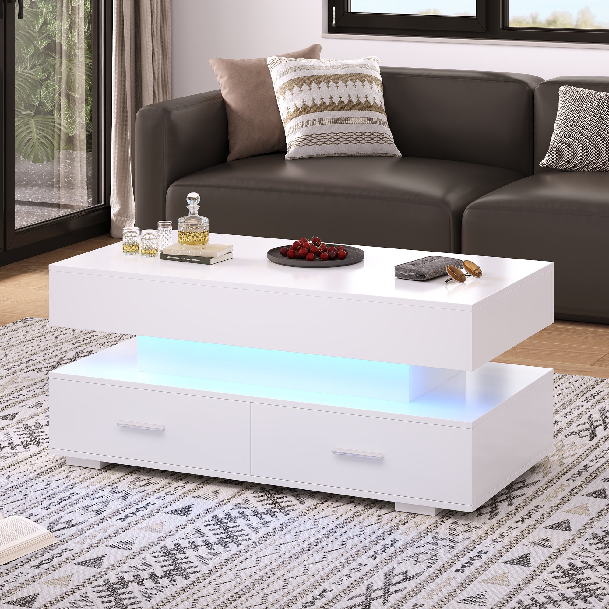 Stolik kawowy biały z regulowanym blatem 100 x 50 x 44 cm, mechanizm hydrauliczny, oświetlenie LED i 2 szuflady do salonu