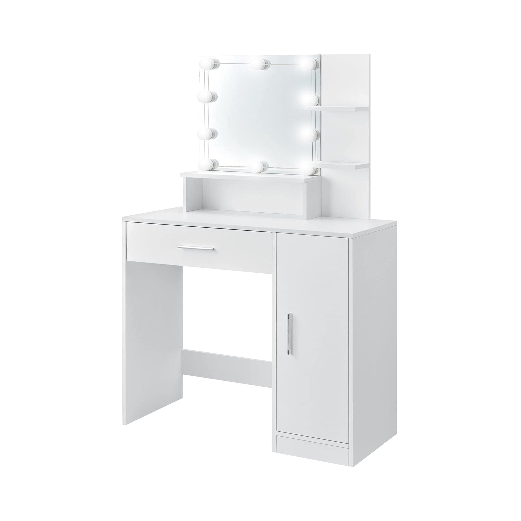 Biała toaletka z oświetleniem LED, lustrem, szufladą i 3 schowkami, 90 x 38 x 137 cm, mebel do makijażu
