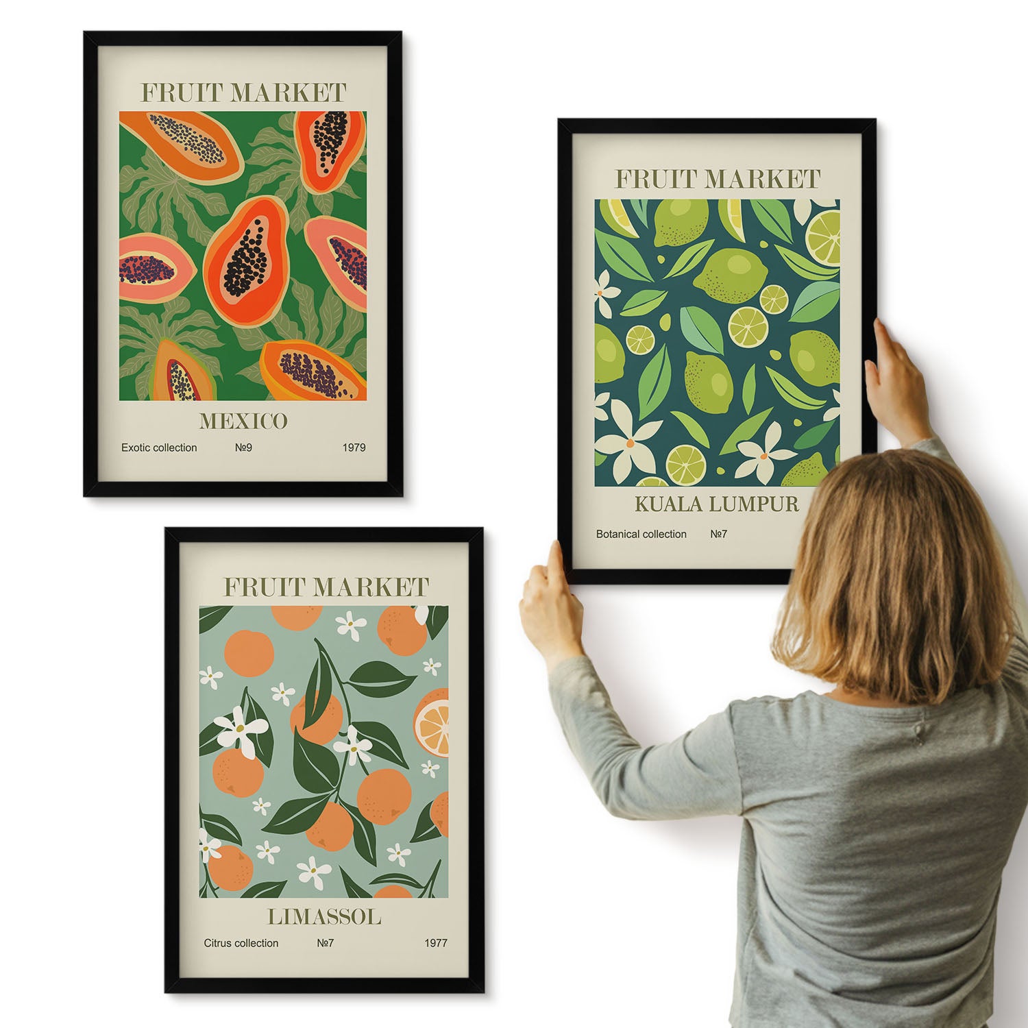 Galeria ścienna 3-częściowy komplet obrazów w czarnych ramach - Owocowe wzory postery w stylu vintage - ArtPrintCave