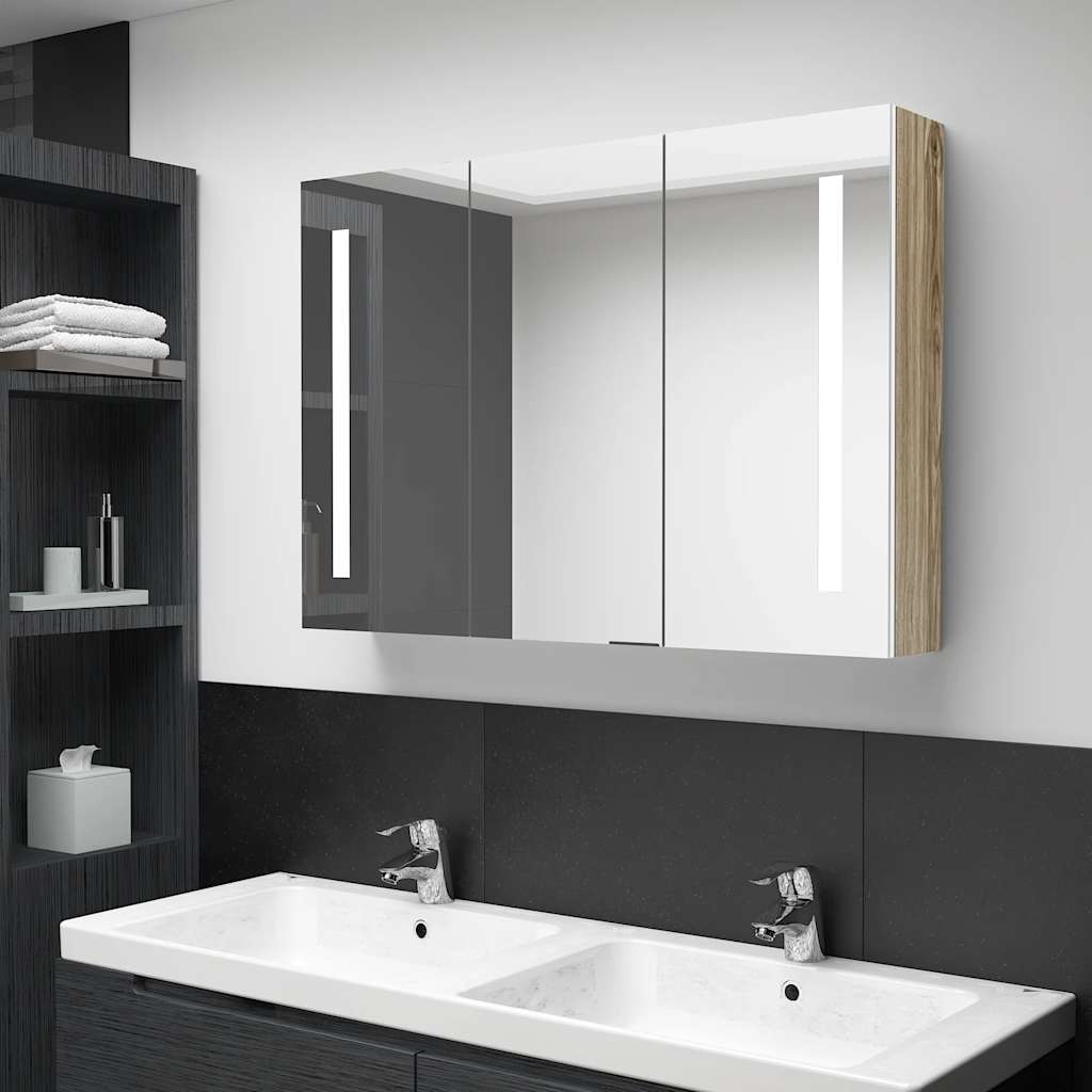 Szafka łazienkowa z lustrem i LED, 89x14x62 cm, biało-dębowa vidaXL