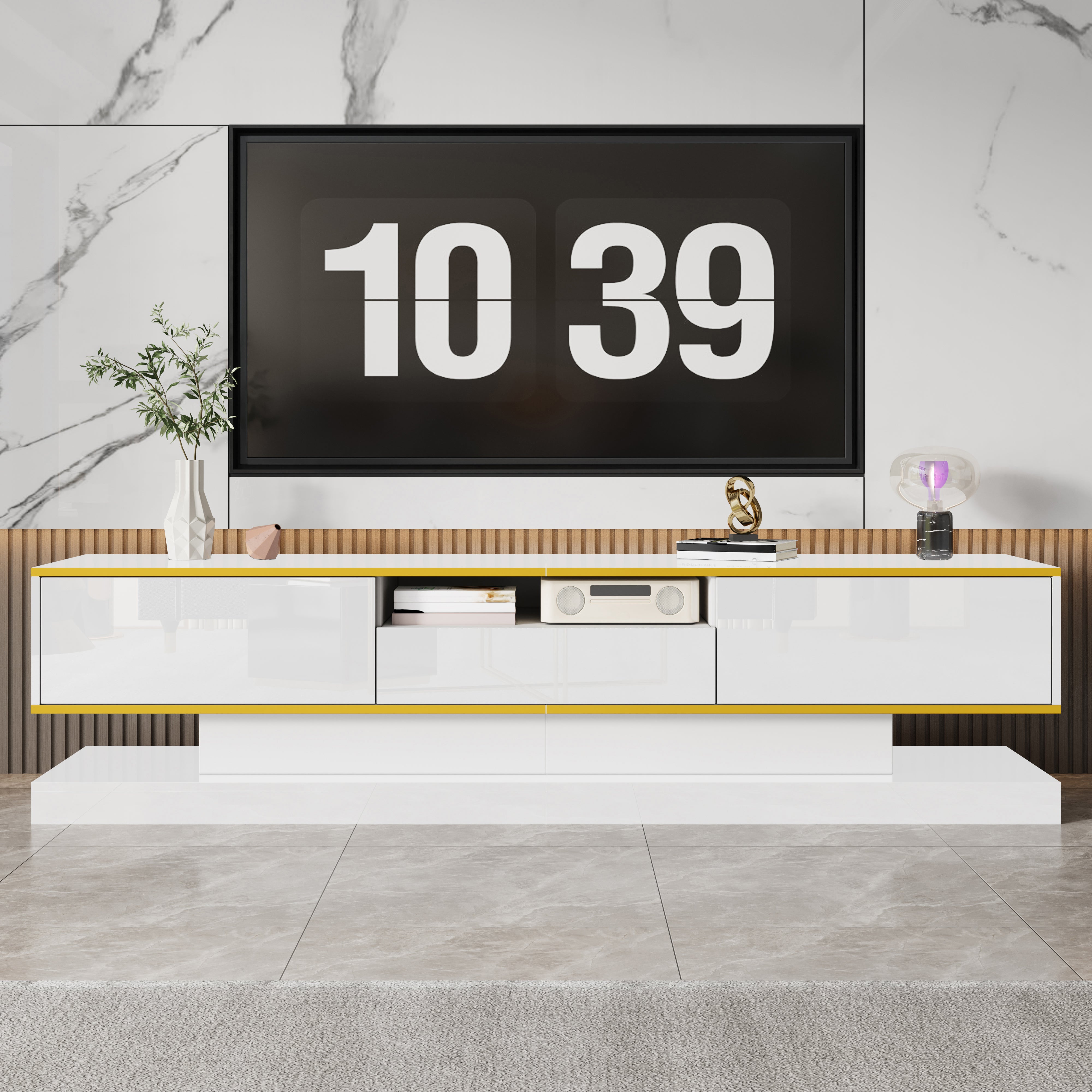 Nowoczesna szafka RTV z trzema szufladami i jedną otwartą komorą - wysoki połysk ze zmieniającymi kolor diodami LED, 180*38*45cm, szafka pod TV