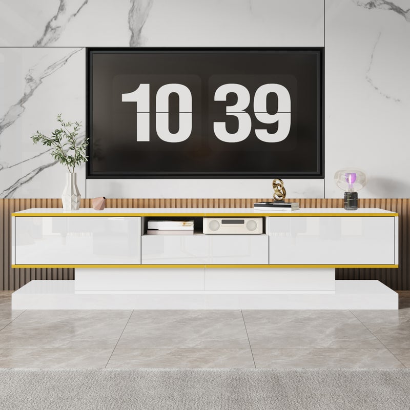 Nowoczesna szafka RTV z trzema szufladami i jedną otwartą komorą - wysoki połysk ze zmieniającymi kolor diodami LED, 180*38*45cm, szafka pod TV