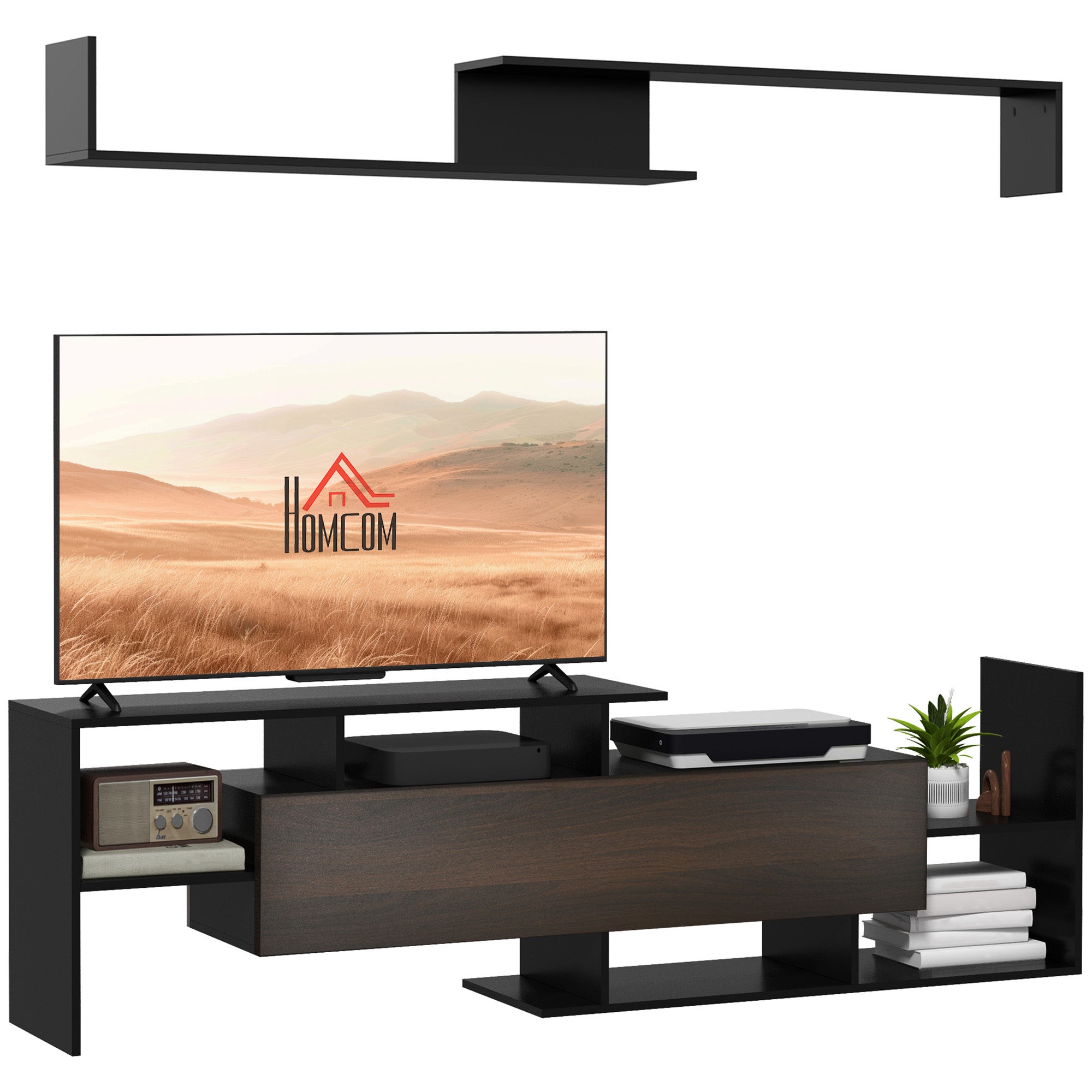 Zestaw mebli TV do salonu, szafka RTV 153,6 x 25 x 42 cm i półka ścienna 150 x 14,5 x 16,3 cm, kolor czarny i brązowy