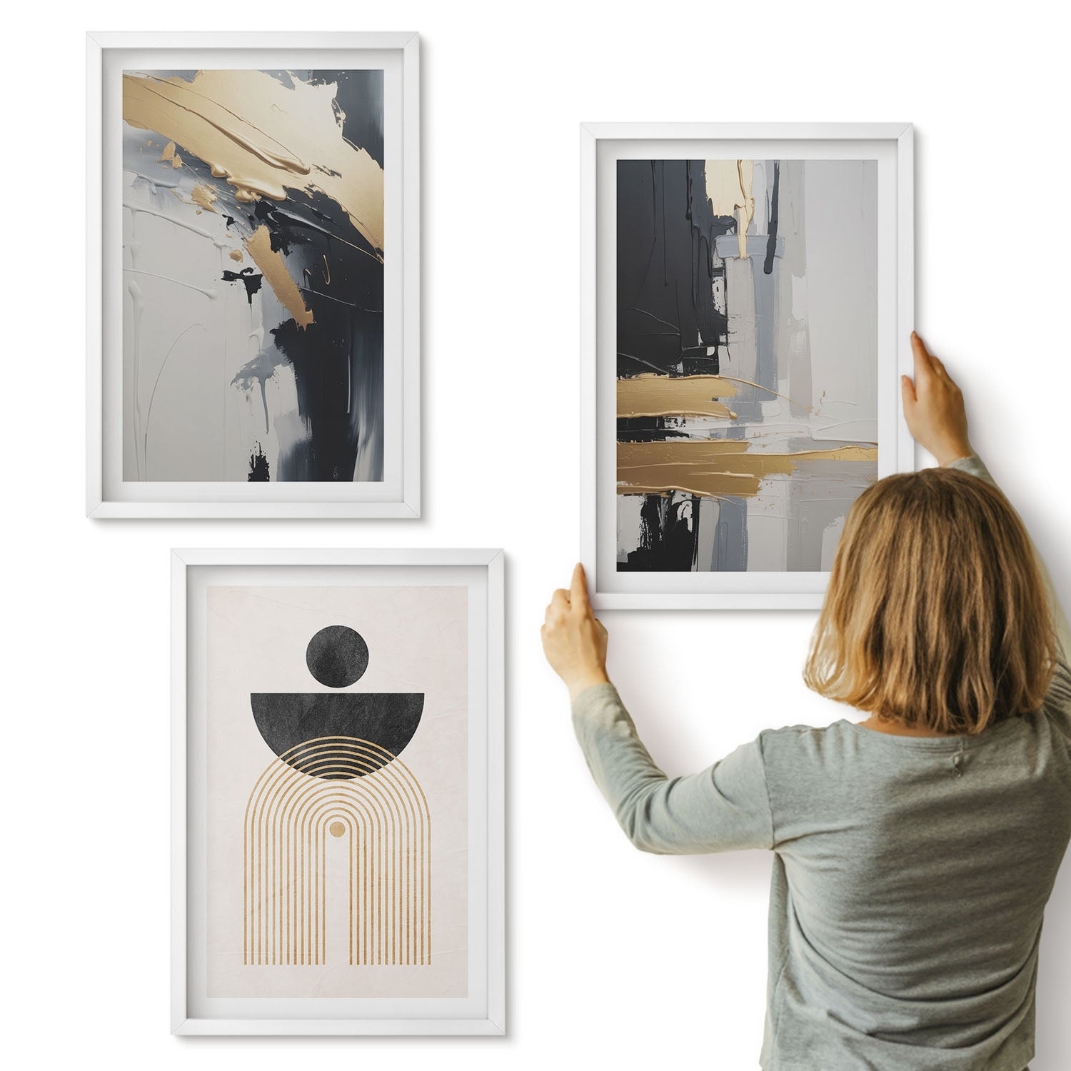 Galeria ścienna 3-częściowy komplet obrazów w białych ramach - Geometria abstrakcja elegancka kompozycja - ArtPrintCave
