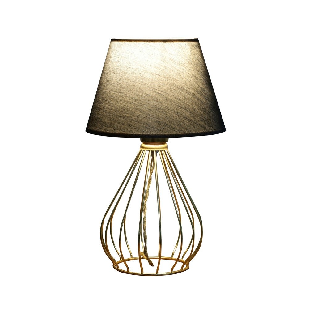Lampa stołowa Batisa ze złotą kratką i czarnym abażurem z tkaniny 1xE27