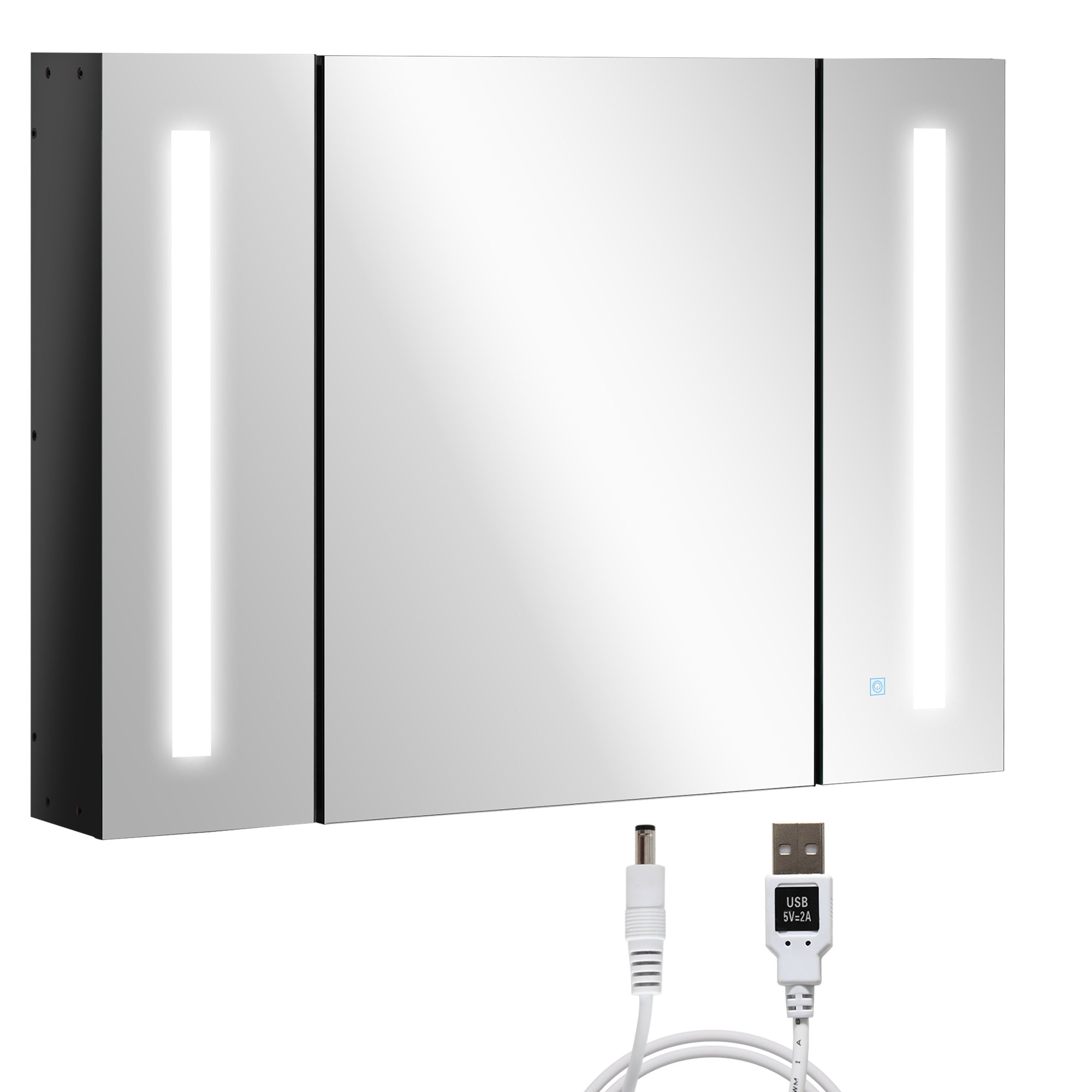 Szafka łazienkowa z lustrem MDF do montażu na ścianie, 3 szafki, 3 półki i oświetlenie LED, 90x15x65 cm, kolor czarny