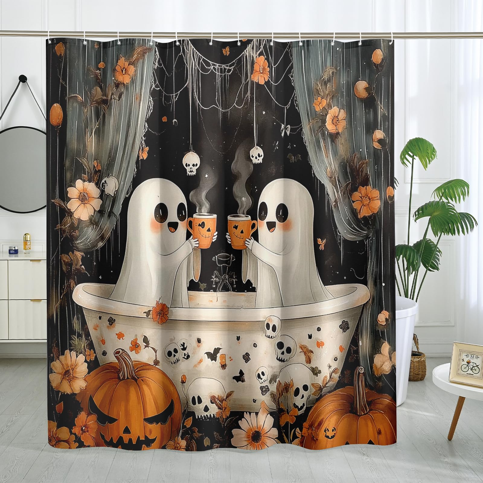 Zasłona prysznicowa z motywem kreskówkowego ducha, zasłona prysznicowa na Halloween, zmywalna zasłona do łazienki, z 12 haczykami, 150*180 cm
