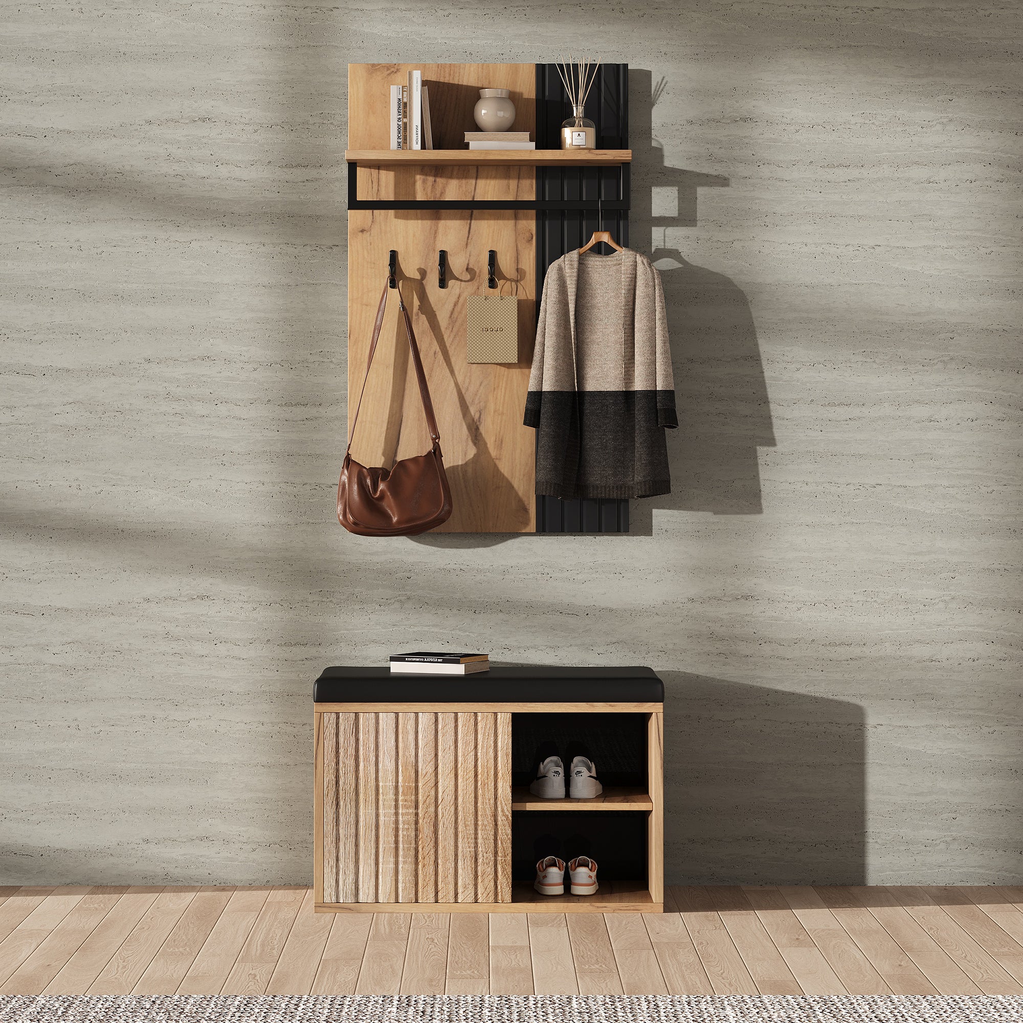 Ławka na buty z 1 drzwiami i wieszak na ubrania montowany na ścianie – 70 x 36 x 146 cm – Płyta wiórowa – Naturalna + Czarna