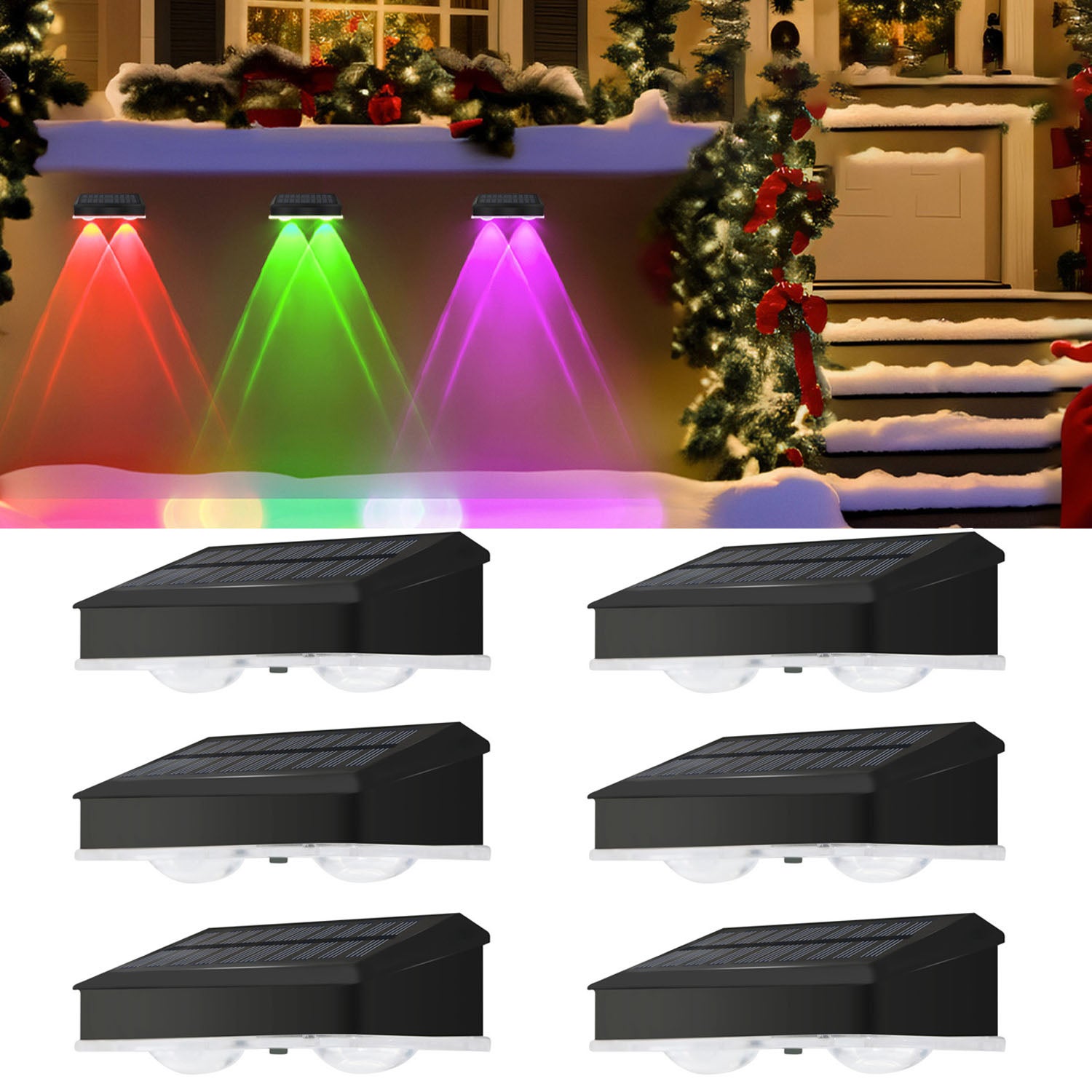 Zestaw 6 zewnętrznych lamp solarnych do ogrodzenia, ciepła biel i RGB, reflektor LED o wysokiej jasności, oświetlenie tarasu, od zmierzchu do świtu