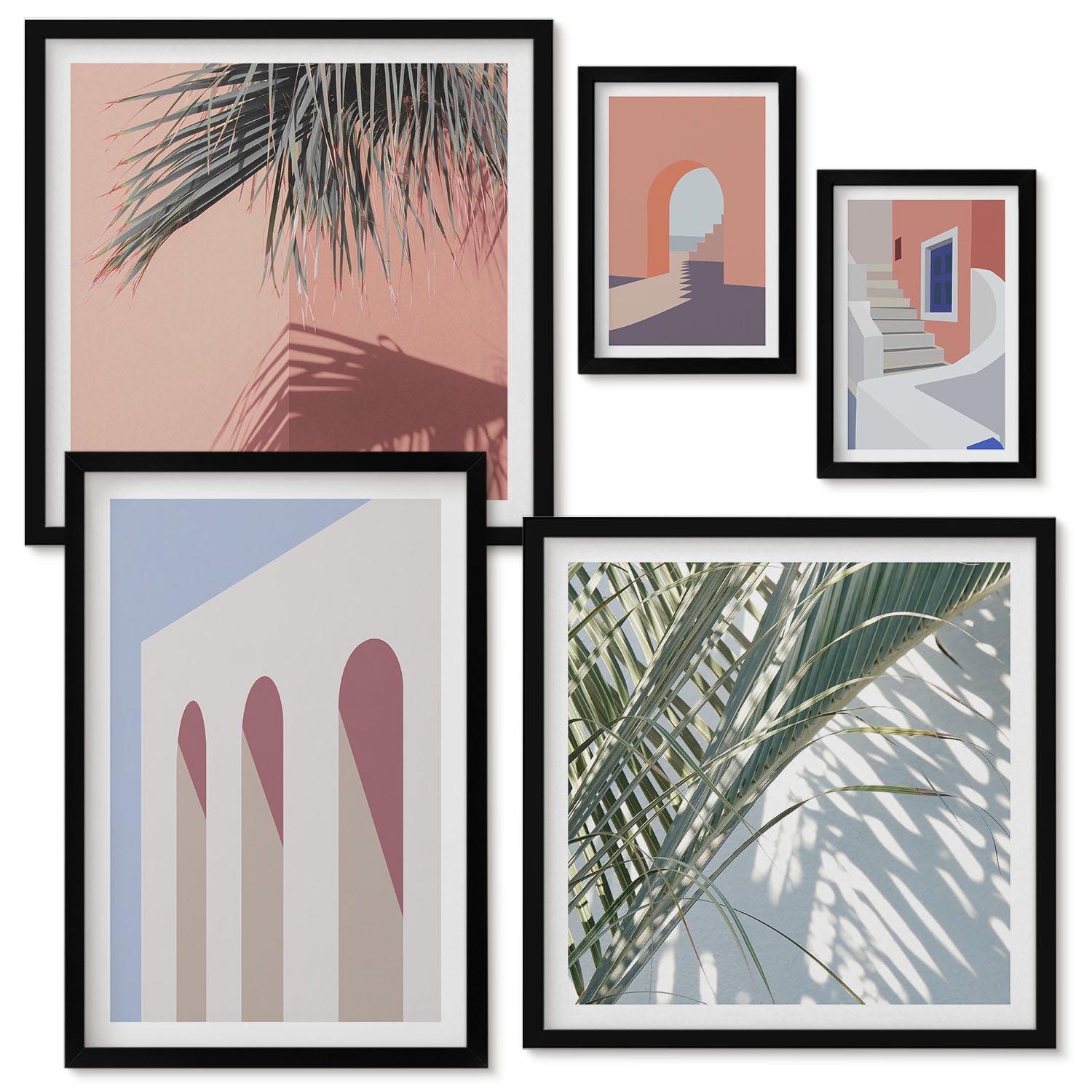 Zestaw obrazów w ramie - 5 części | Ilustracje architektury miejskiej styl minimalistyczny | Czarna ramka