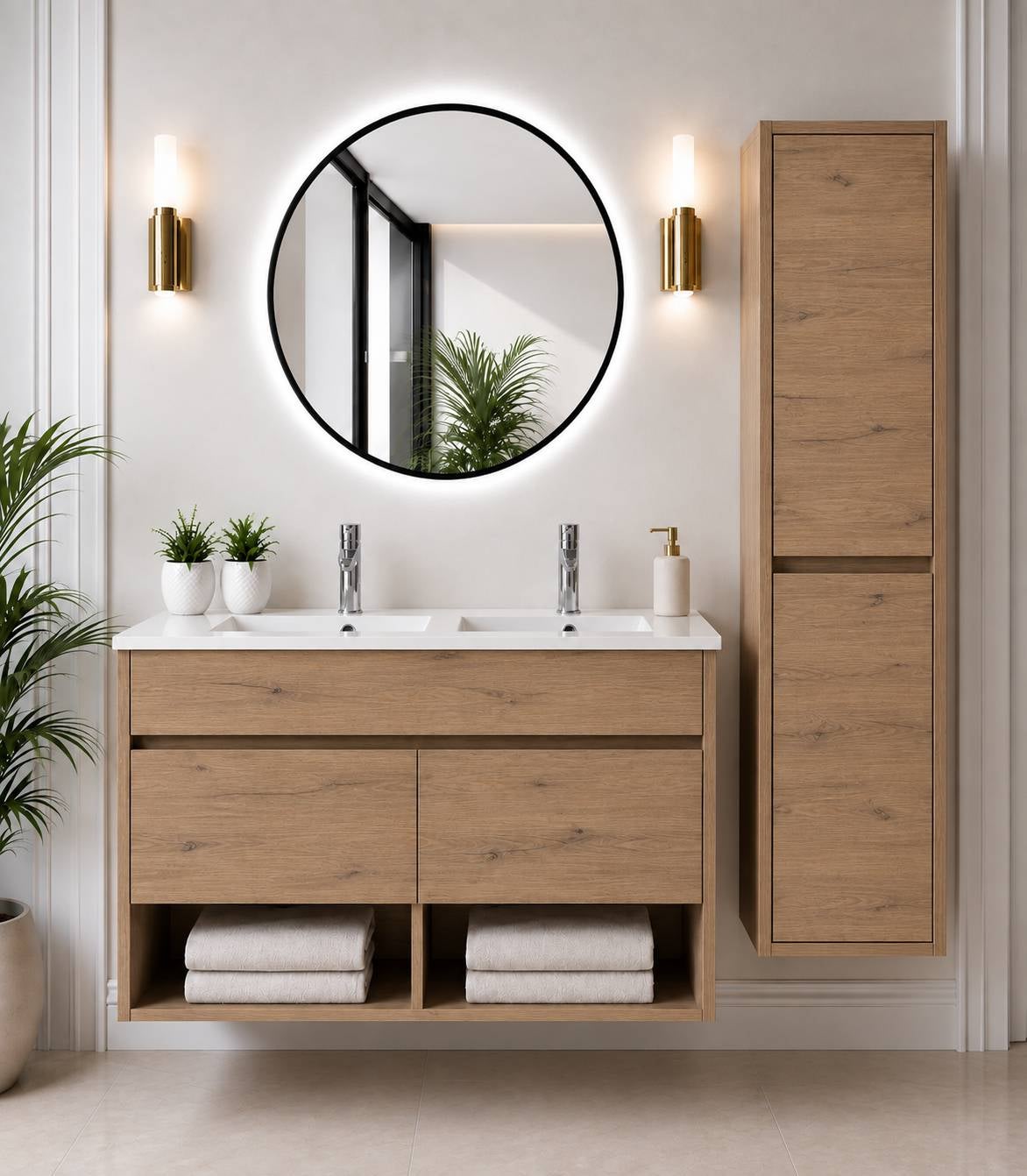 Wisząca szafka łazienkowa z umywalką ORIGENBATH NEBARI z drzwiami z kolumną 120x45 cm podwójna umywalka estepa z kolumną