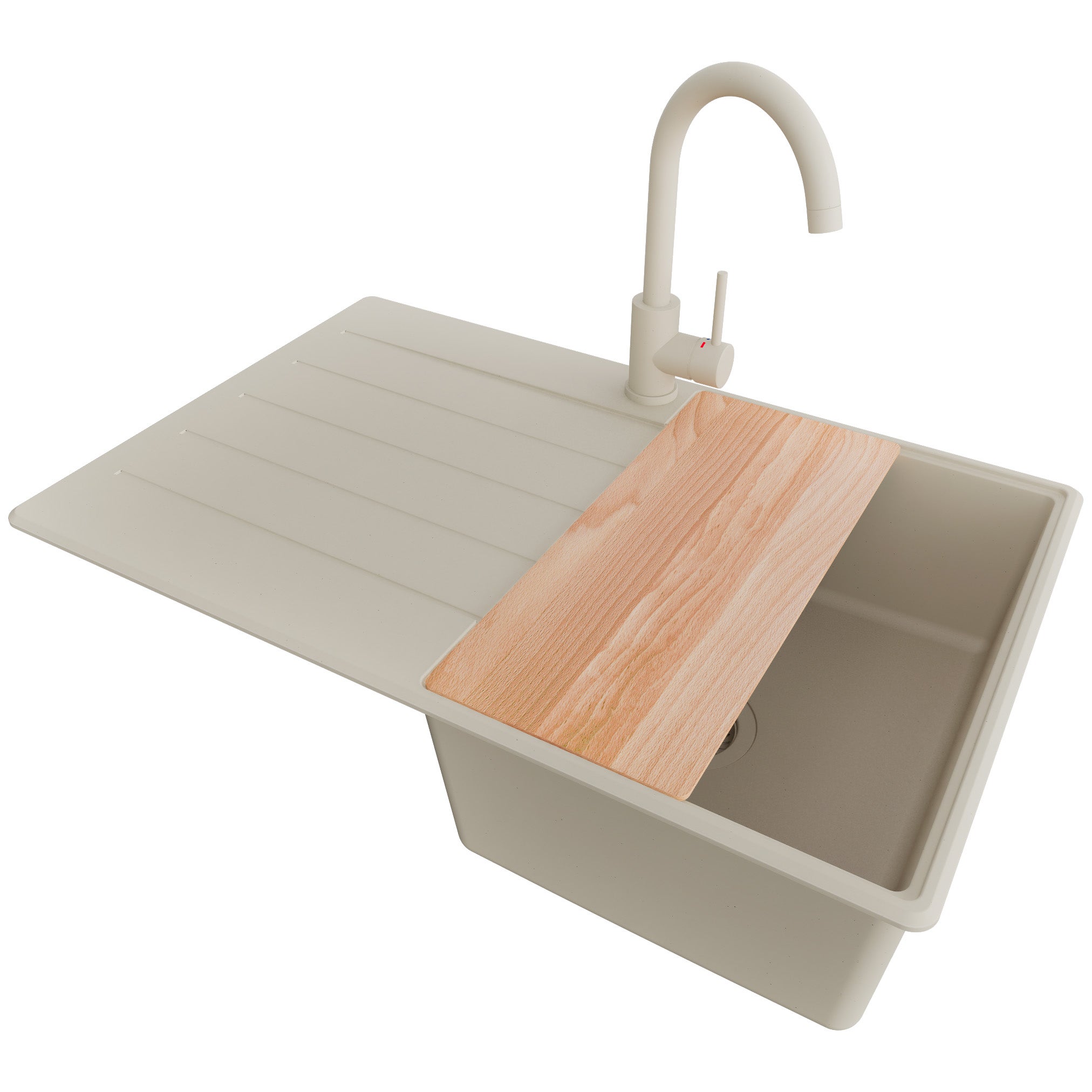 Zlewozmywak Granitowy Beżowy 78x50cm, Zlew Kuchenny 1 Komorowy + Bateria 32x20cm + Syfon + Deska, Nablatowy do szafki od 45cm - Kopenhaga PRIMAGRAN