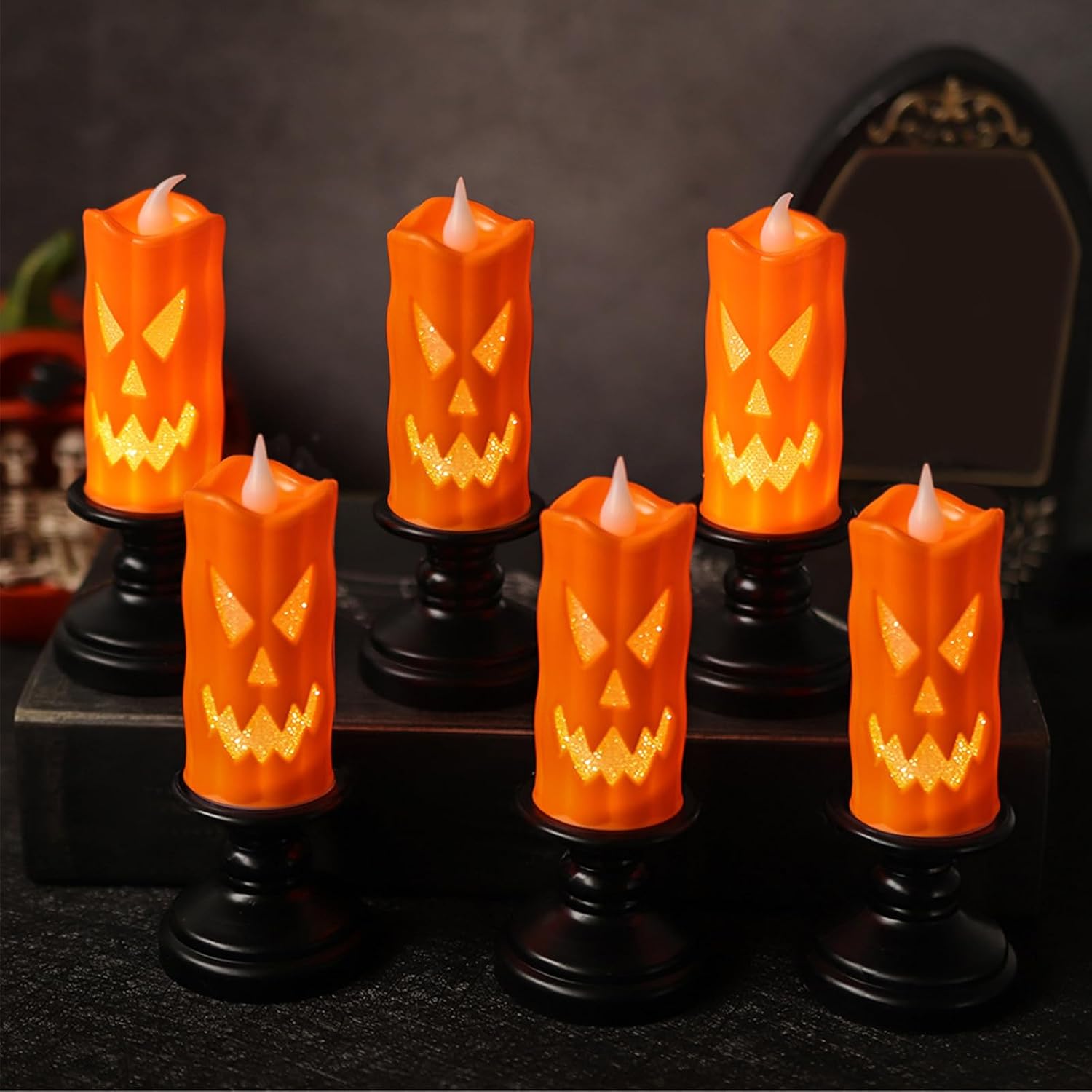 (6 sztuk) Bezpłomieniowa świeca na Halloween, świecąca dynia, świecznik w kształcie latarenki LED, dekoracja do wnętrz i na zewnątrz