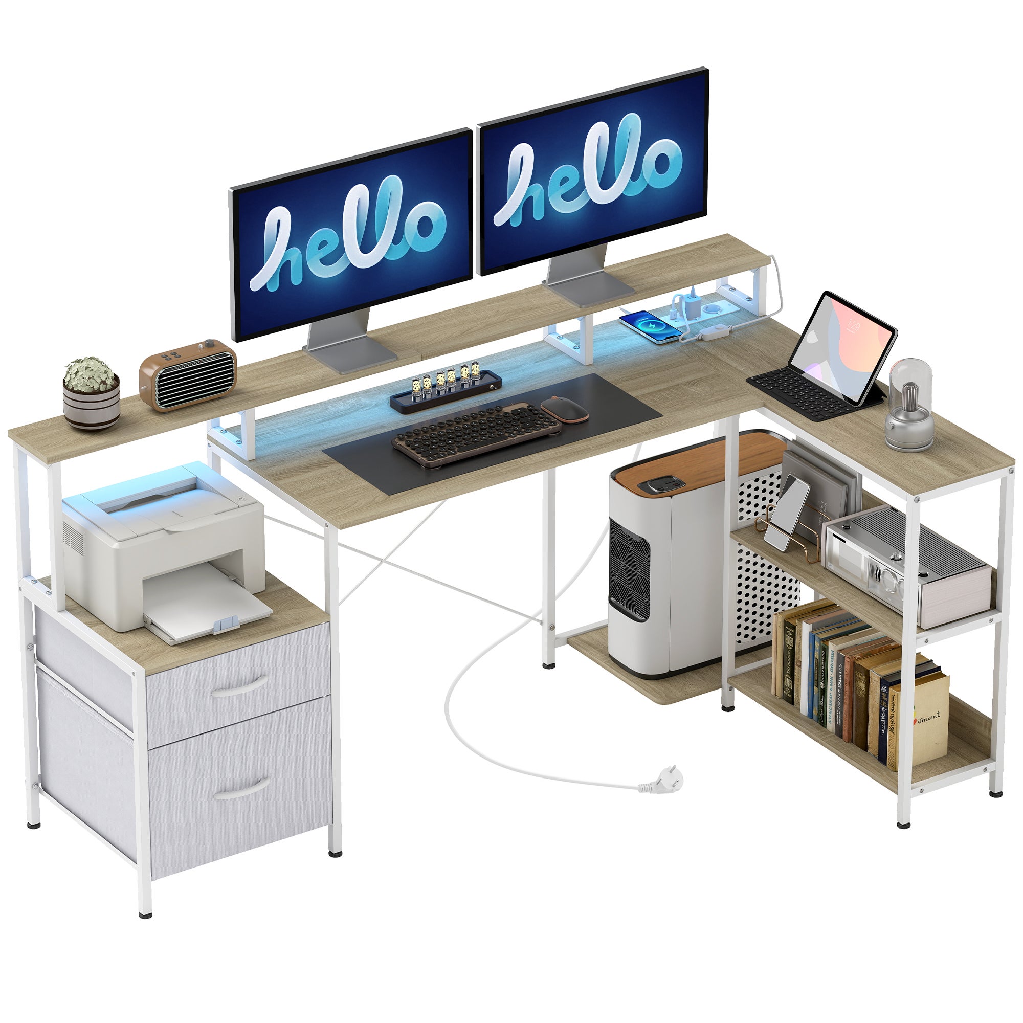 Biurko narożne z gniazdkami elektrycznymi i oświetleniem LED RGB, biurko komputerowe, 172 x 100 cm, podstawa pod monitor, 2 szuflady, białe