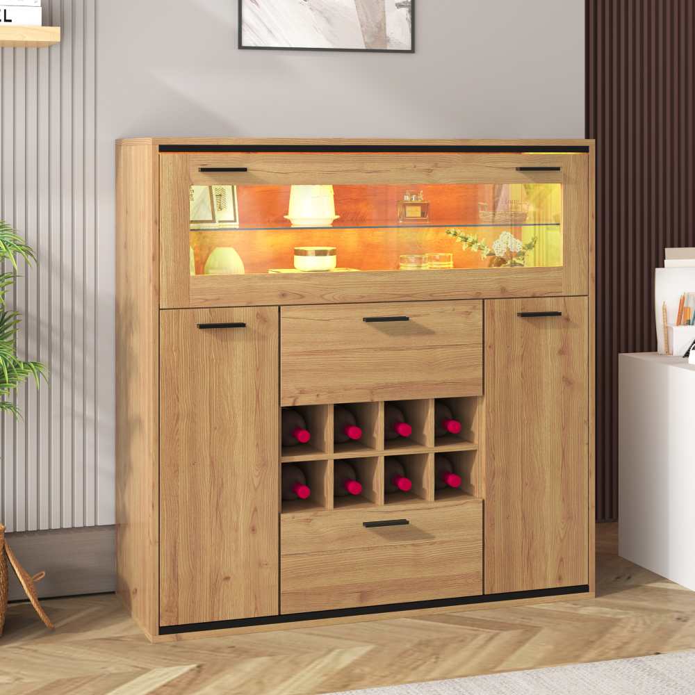 Szafka na wino z podwójnymi drzwiami, szklanymi półkami i stojakiem na butelki – elegancka i funkcjonalna