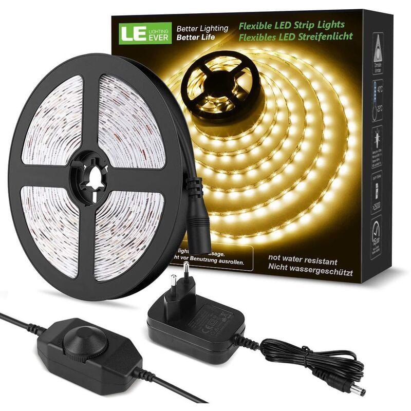Taśma LED 10M z funkcją ściemniania, ciepła biała taśma LED 3000K z 600 diodami LED SMD 2835, samoprzylepna taśma LED 12V ze ściemniaczem, złącza + tr