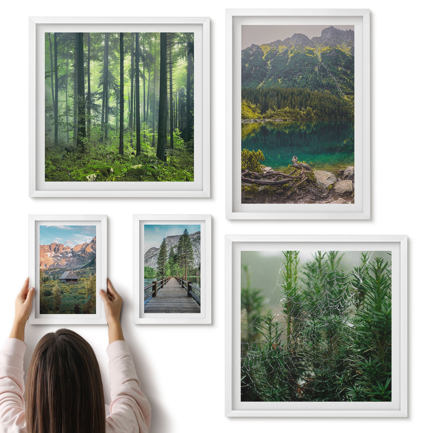 Galeria ścienna 5-częściowy komplet obrazów w białych ramach - Krajobrazy natury z górskimi widokami i lasami - ArtPrintCave