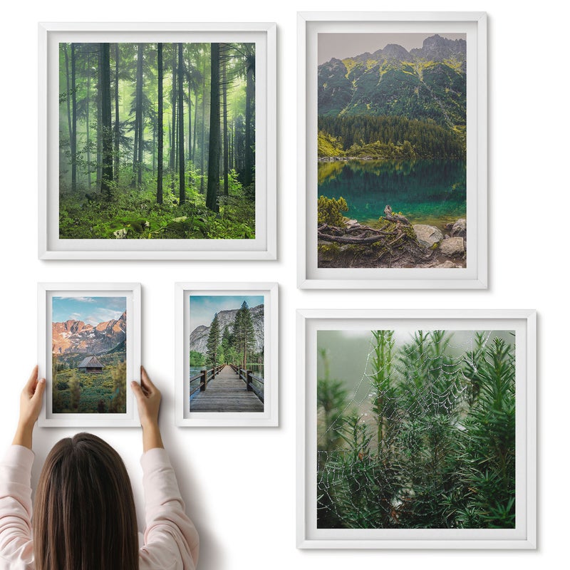 Galeria ścienna 5-częściowy komplet obrazów w białych ramach - Krajobrazy natury z górskimi widokami i lasami - ArtPrintCave