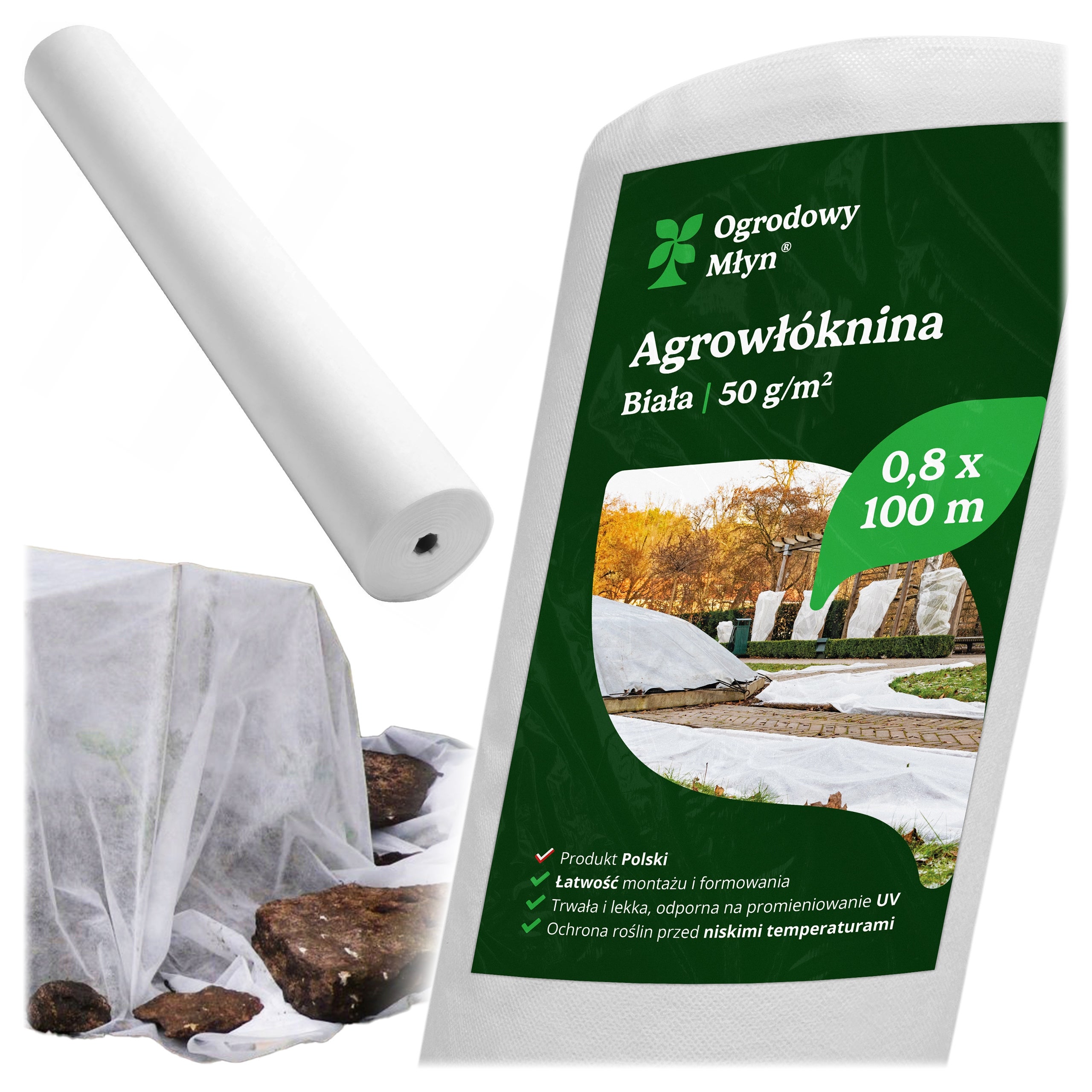 Agrowłóknina biała zimowa P50 0,8x100m na krzewy drzewa Ogrodowy Młyn
