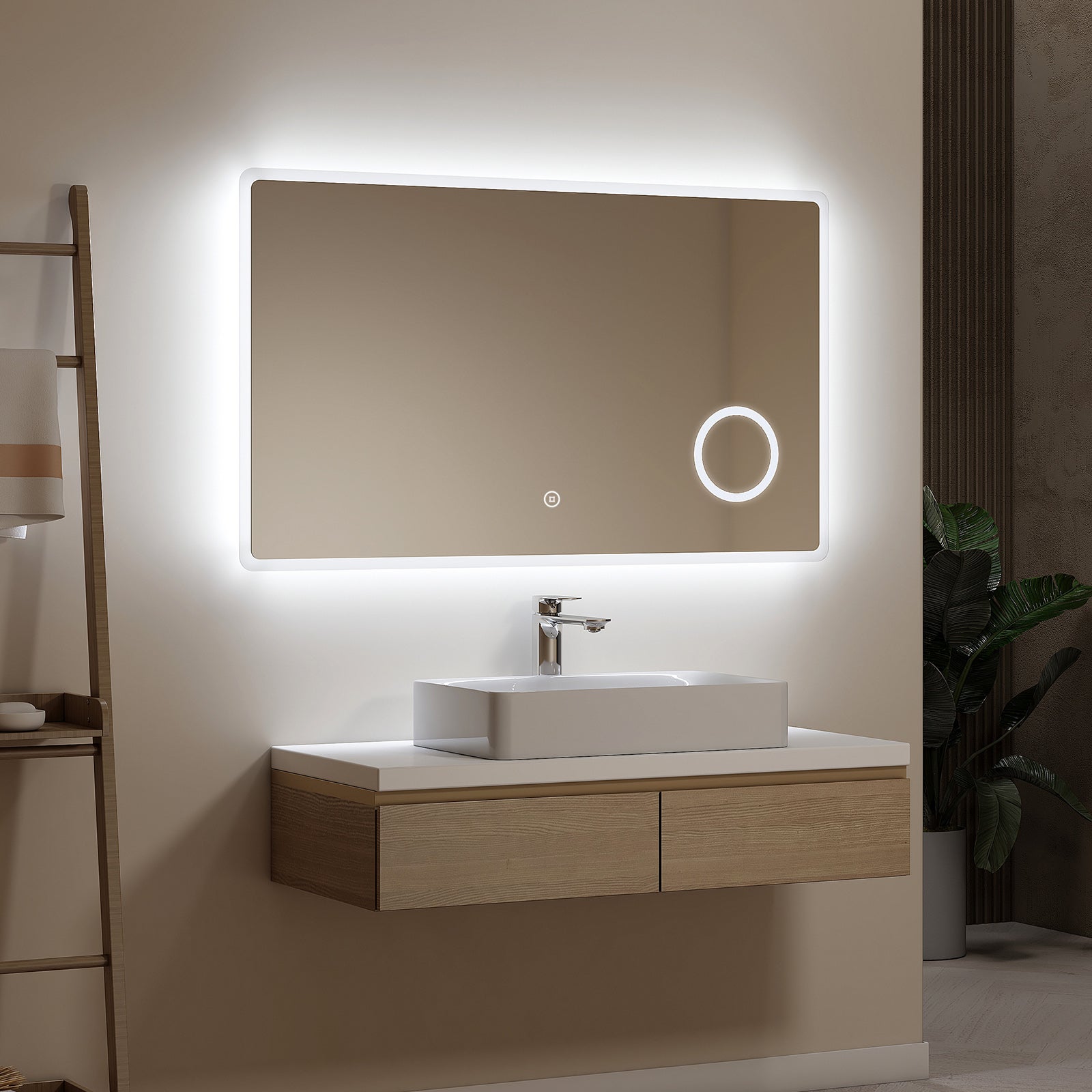 EMKE Lustro łazienkowe z oświetleniem LED 100x60 cm, z 6500K, 3-krotne powiększenie, funkcja pamięci, przełącznik dotykowy, IP44