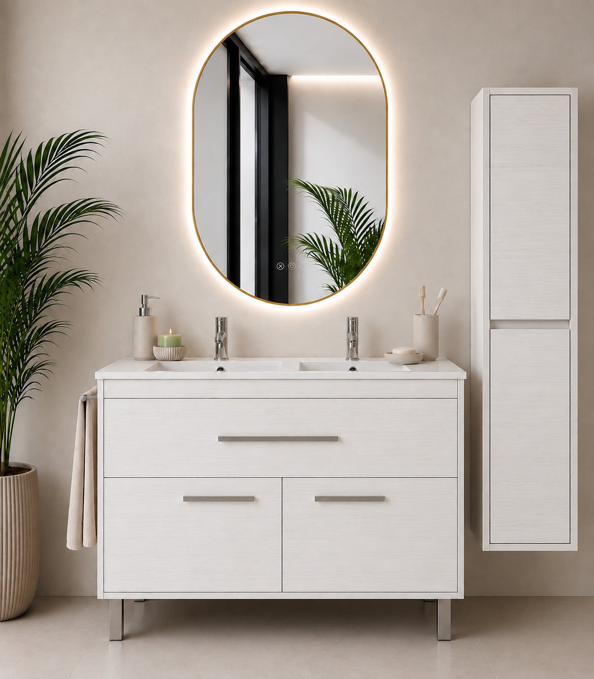 Szafka łazienkowa z umywalką ORIGENBATH BAHIA bez lustra 120x45 cm podwójna umywalka biały nordycki z kolumną