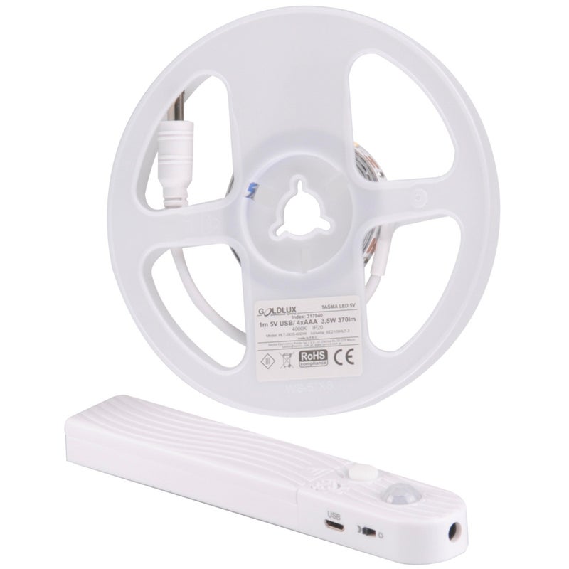 Taśma LED zasilana bateryjnie 1m z czujnikiem PIR 4000K IP20 + port USB 317940 Polux