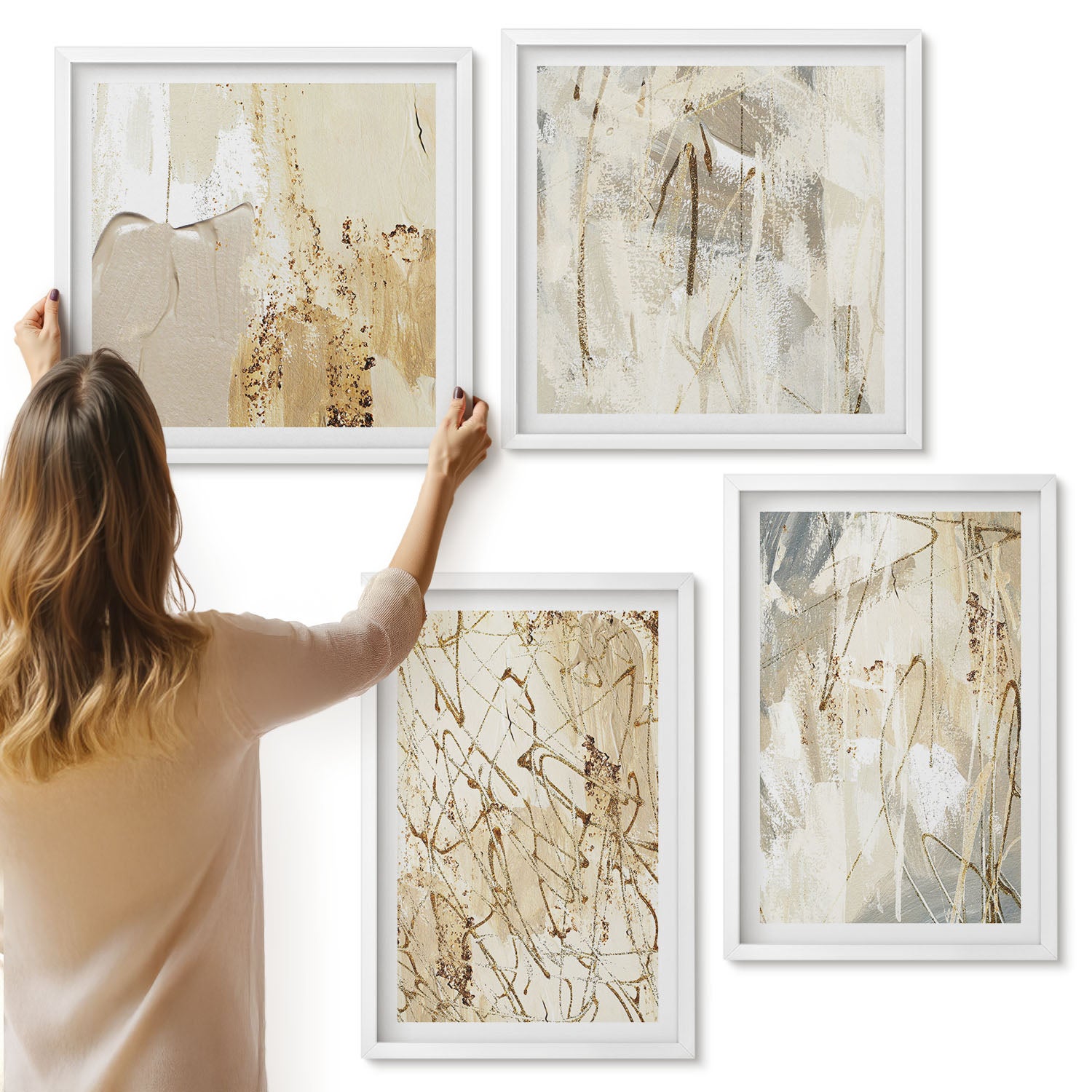 Galeria ścienna 4-częściowy komplet obrazów w białych ramach - Beżowe abstrakcje malowane kształty i linie - ArtPrintCave