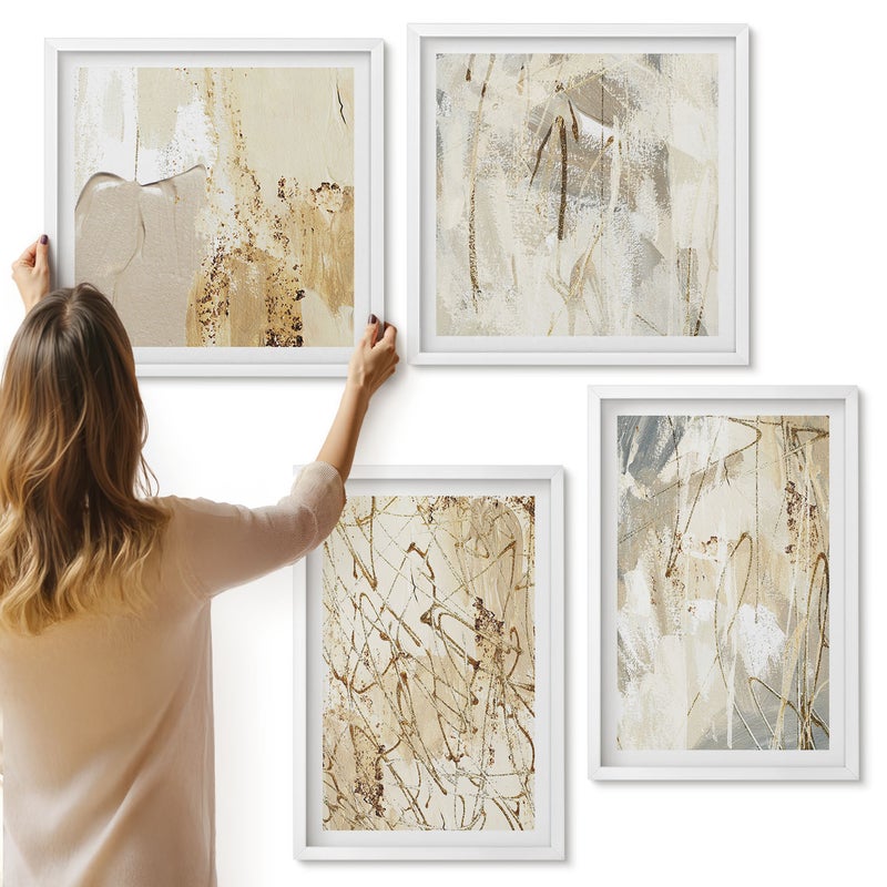 Galeria ścienna 4-częściowy komplet obrazów w białych ramach - Beżowe abstrakcje malowane kształty i linie - ArtPrintCave