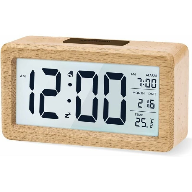 Cyfrowy budzik z dużym podświetlanym ekranem LCD, temperaturą, funkcją drzemki, czujnikiem światła [baterie nie są dołączone]