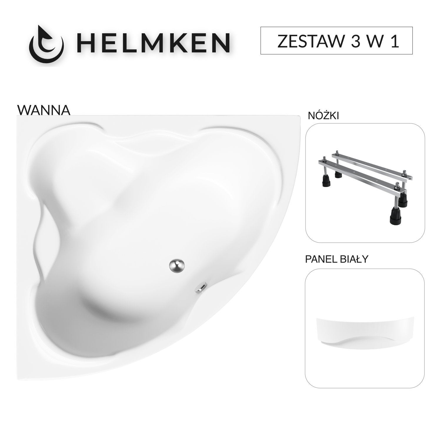Wanna akrylowa Helmken Riviera 140x140 narożna z akrylu lanego ze wzmocnionym korpusem + Panel biały + Nóżki / 35050140