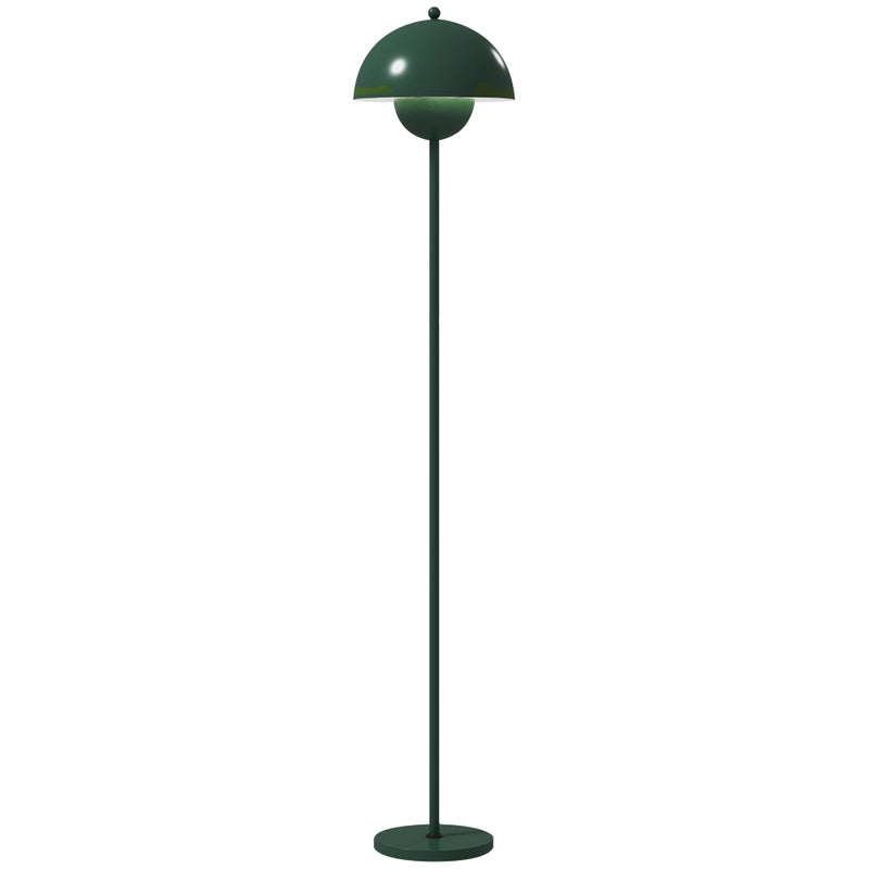 Lampa podłogowa, klosz okrągły, włącznik nożny, długi kabel, elegancki styl, stal, kolor zielony