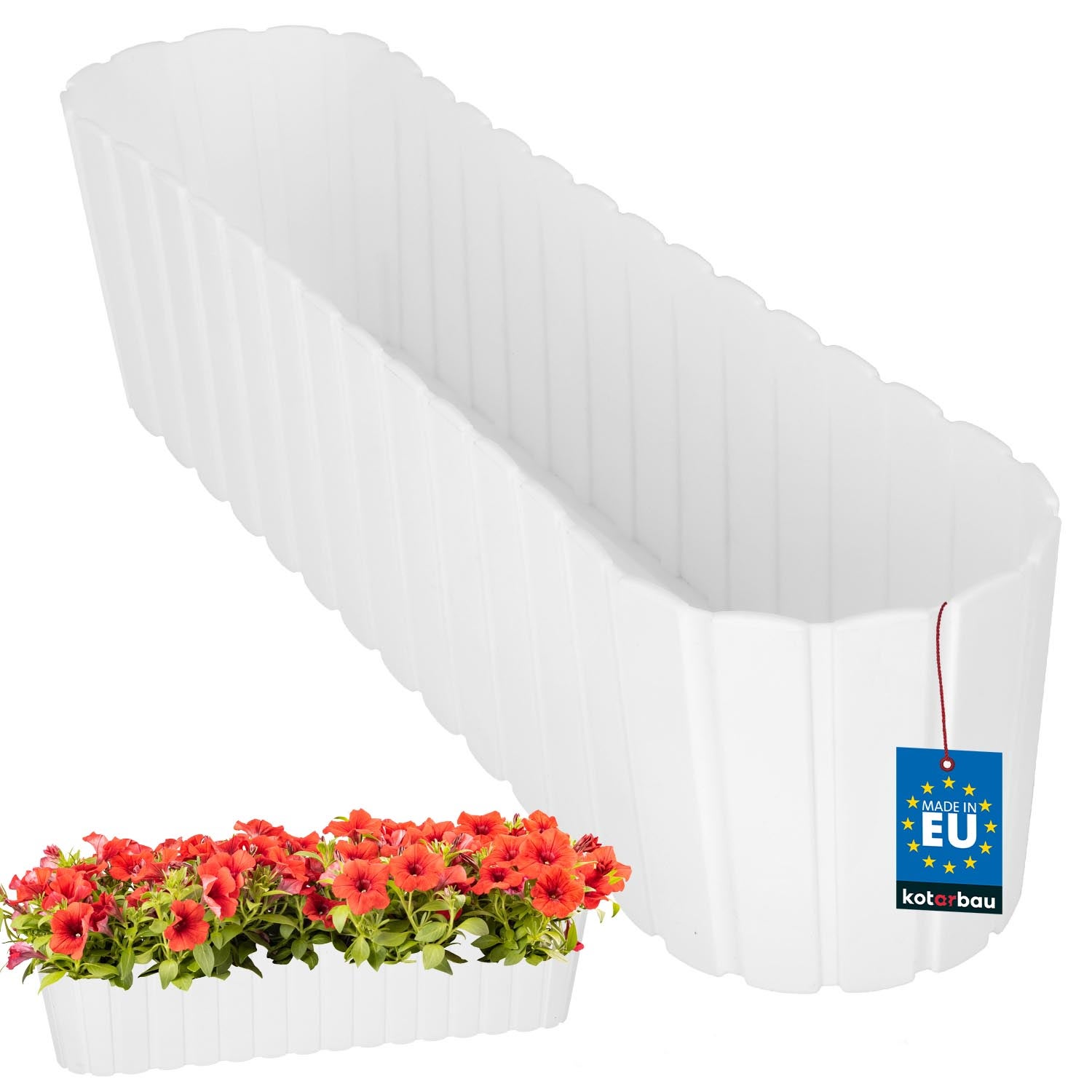 Doniczka Skrzynka Balkonowa - 60 x 14 x 13 cm - Skrzynia Plastikowa na Kwiatki - Donica Owalna na Balkon - Rustykalna - Biały KOTARBAU
