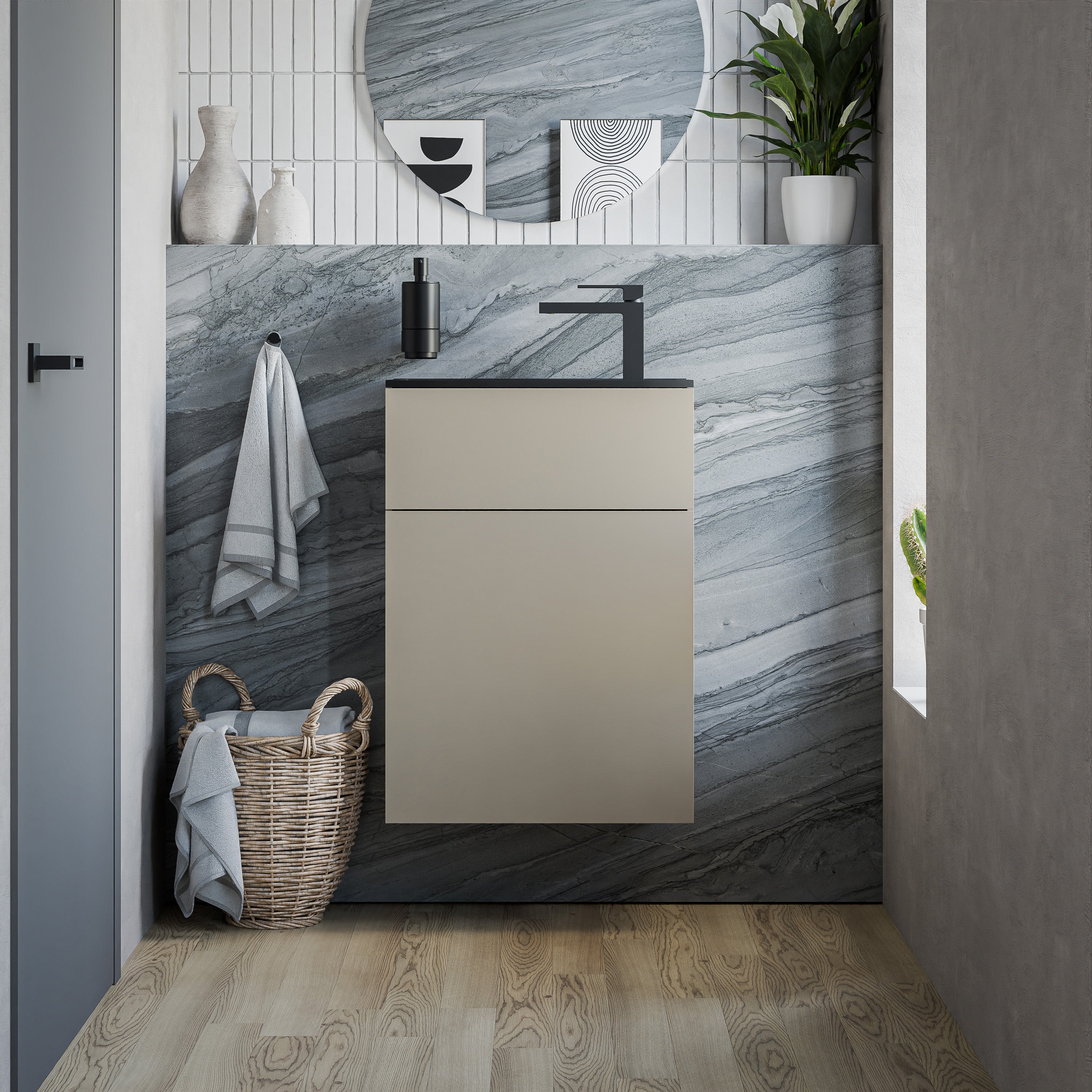 BERNSTEIN - Szafka pod umywalkę wiszącą MDF Beżowy mat, umywalka Czarna mat + otwór na baterię i odpływ, zawiasy po lewej stronie - 50x26x72cm - KONDA