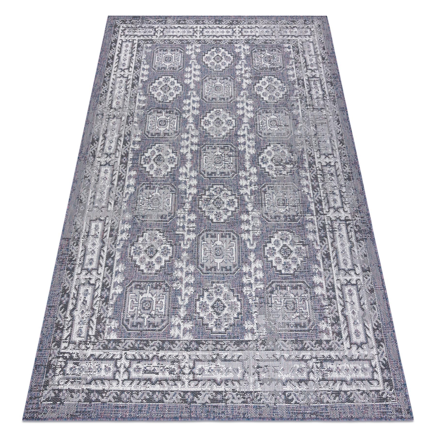Dywan SZNURKOWY SIZAL SION Ramka, ornament, przecierany 2832 płaskie tkanie niebieski / róż / ecru 140x190 cm
