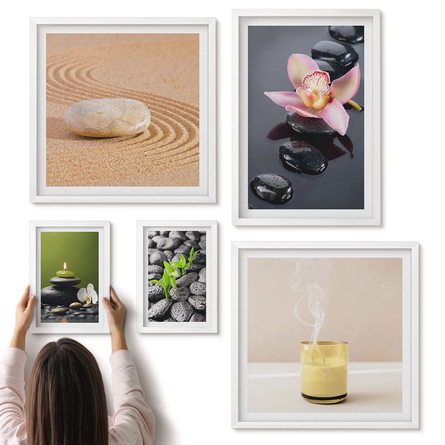 Galeria ścienna 5-częściowy komplet obrazów w białych ramach - Relaksacyjne motywy zen z kamieniami i kwiatami orchidei - ArtPrintCave