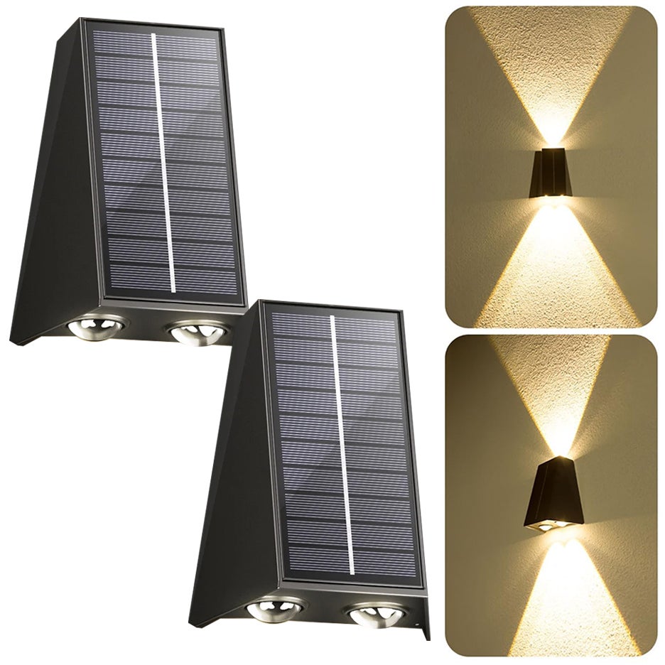 Zestaw 2 zewnętrznych lamp solarnych, oświetlenie górne-dolne, lampy ścienne solarne LED, wodoodporne IP65, od zmierzchu do świtu, do ogrodu.