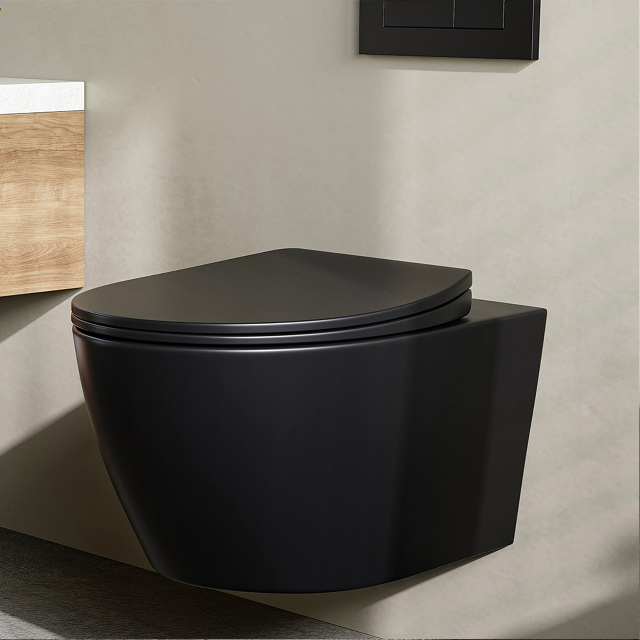 Matowa, czarna, ceramiczna toaleta ścienna z wolnoopadającą deską sedesową, kompaktowa konstrukcja. HOROW