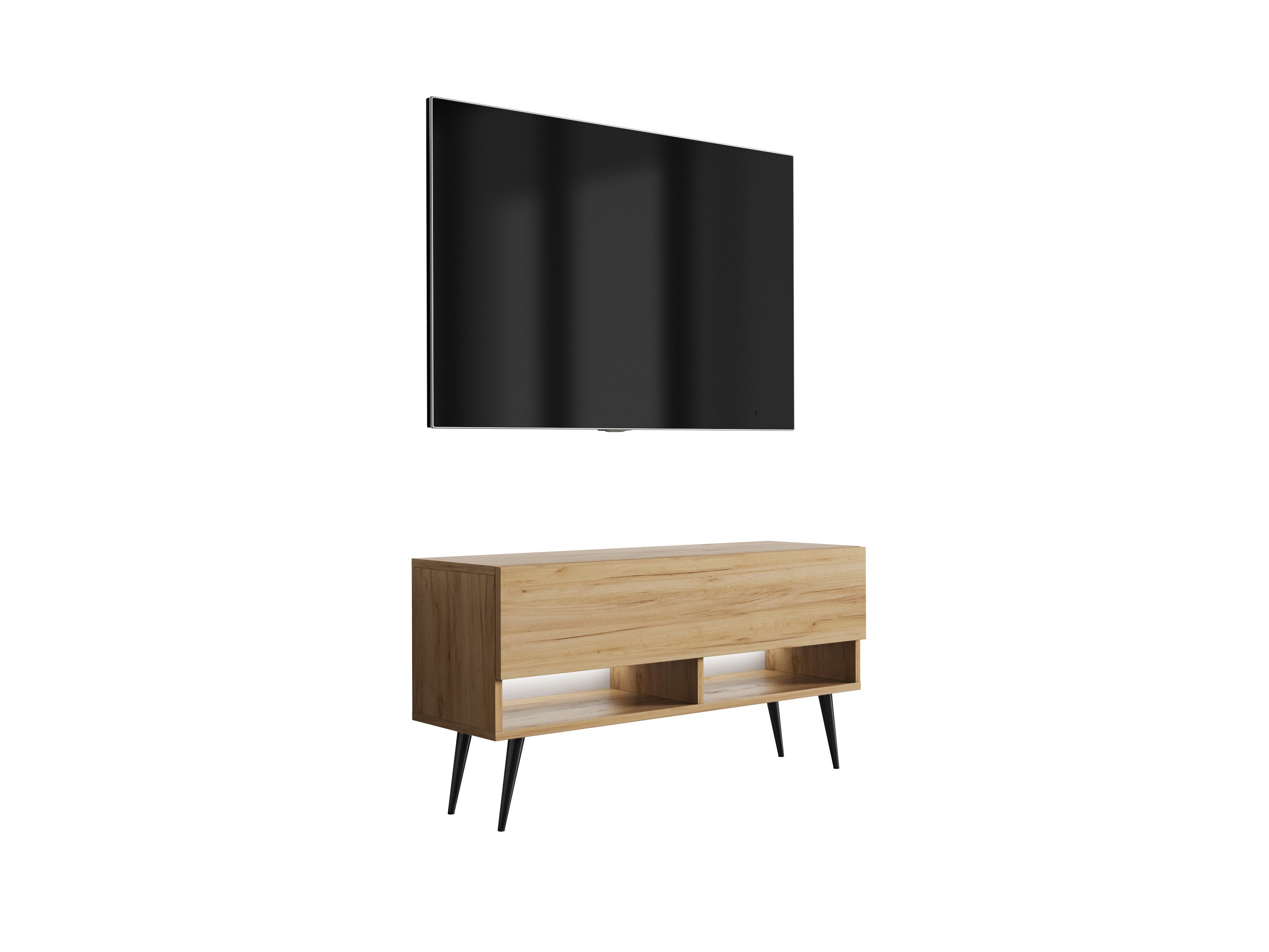 Szafka pod telewizor 100 cm Dąb Craft, nóżki pochyłe czarne, LED biały, 100 × 32 × 52 cm