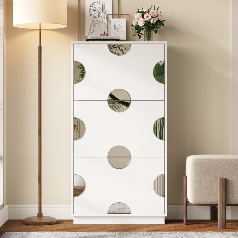 Szafka na buty z 3 drzwiami opuszczanymi i okrągłym lustrem - 63 x 24 x 120 cm - MDF - Biała