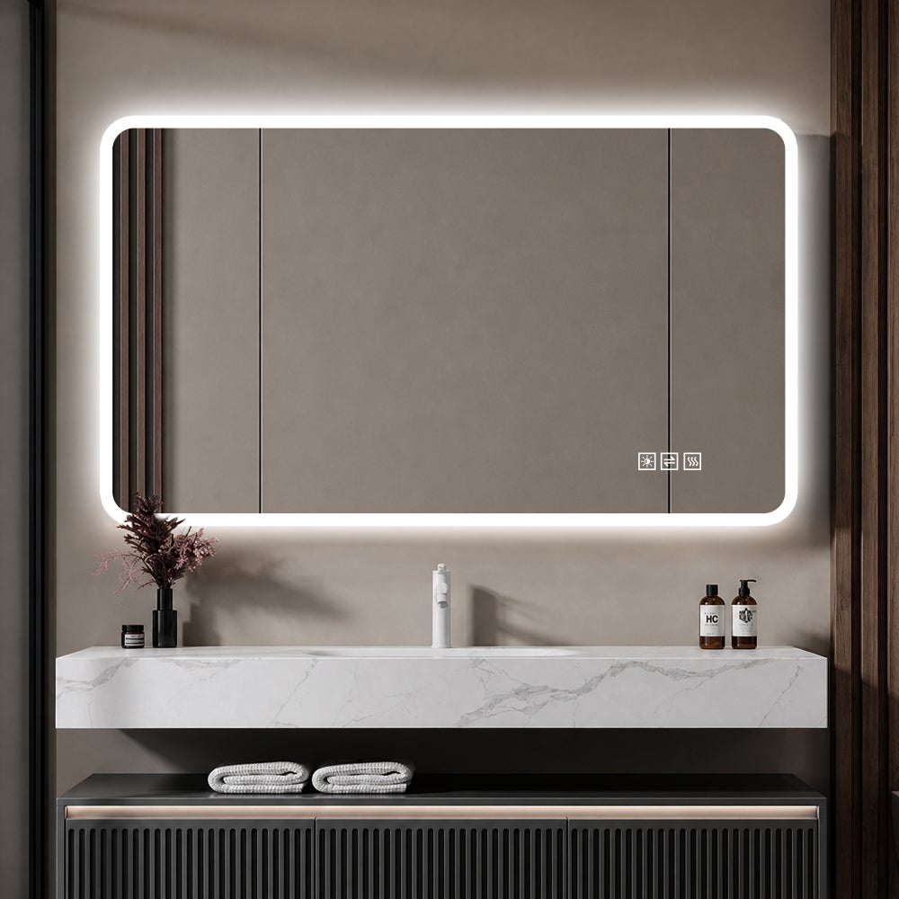 Lustro łazienkowe LED 60×100 cm, przeciwmgielne, bezramkowe, oświetlenie 3-kolorowe, IP44, ściemnialne, z pamięcią
