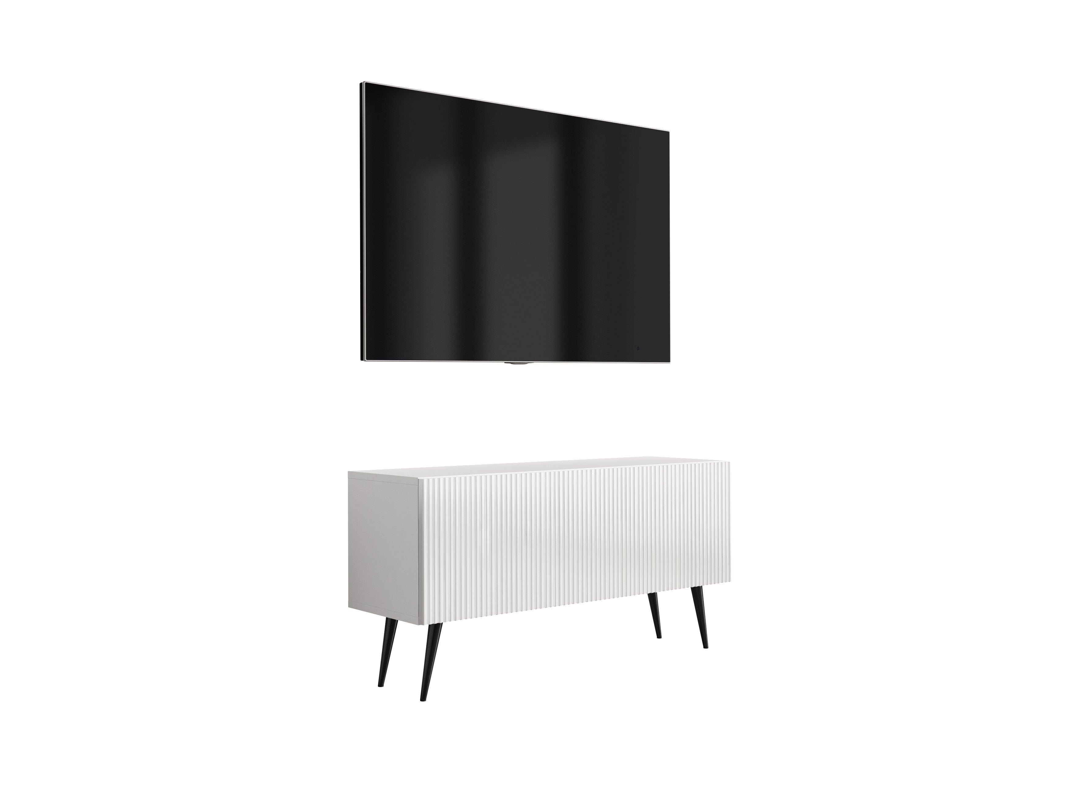 Szafka pod telewizor z ryflowanym frontem 100, Biały Mat, nóżki pochyłe czarne, 100 × 32 × 52 cm