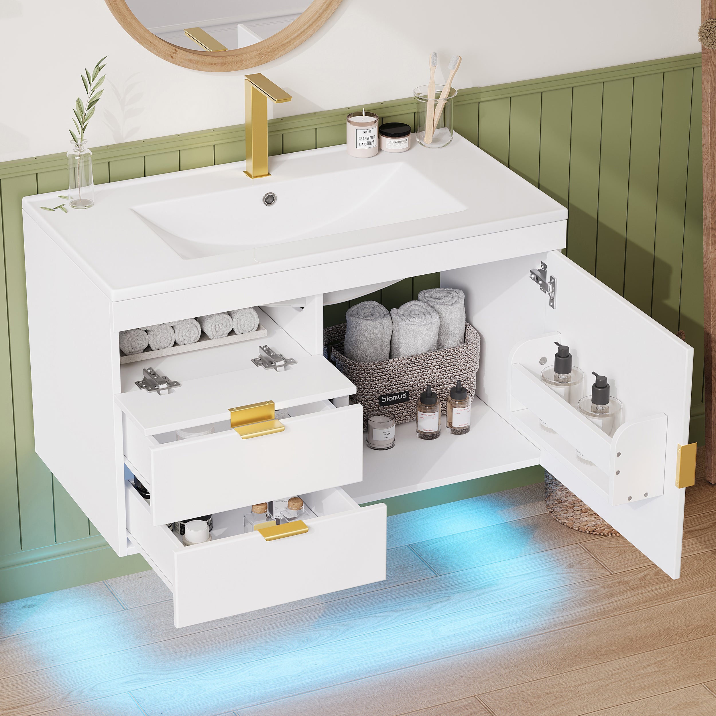 Wisząca szafka łazienkowa 76 cm z ceramiczną umywalką - z szufladami, ryflowanym frontem i oświetleniem LED - Biała (bez kranu)